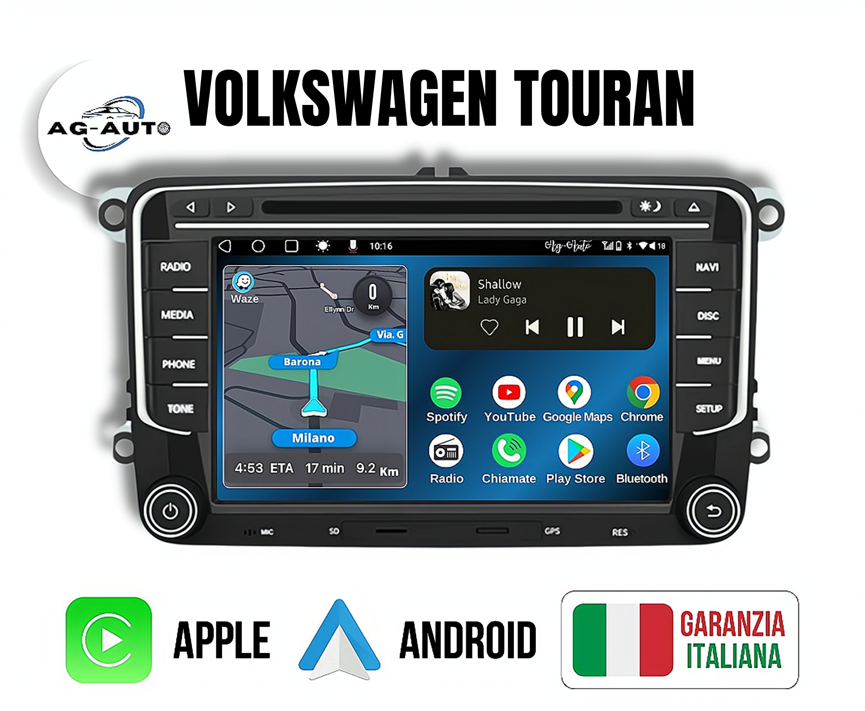 Volkswagen Touran | SD-CD-DVD Autoradio 2 Din Android auto + Carplay / vw Stereo Touch | Navigatore GPS + Bluetooth + Wifi