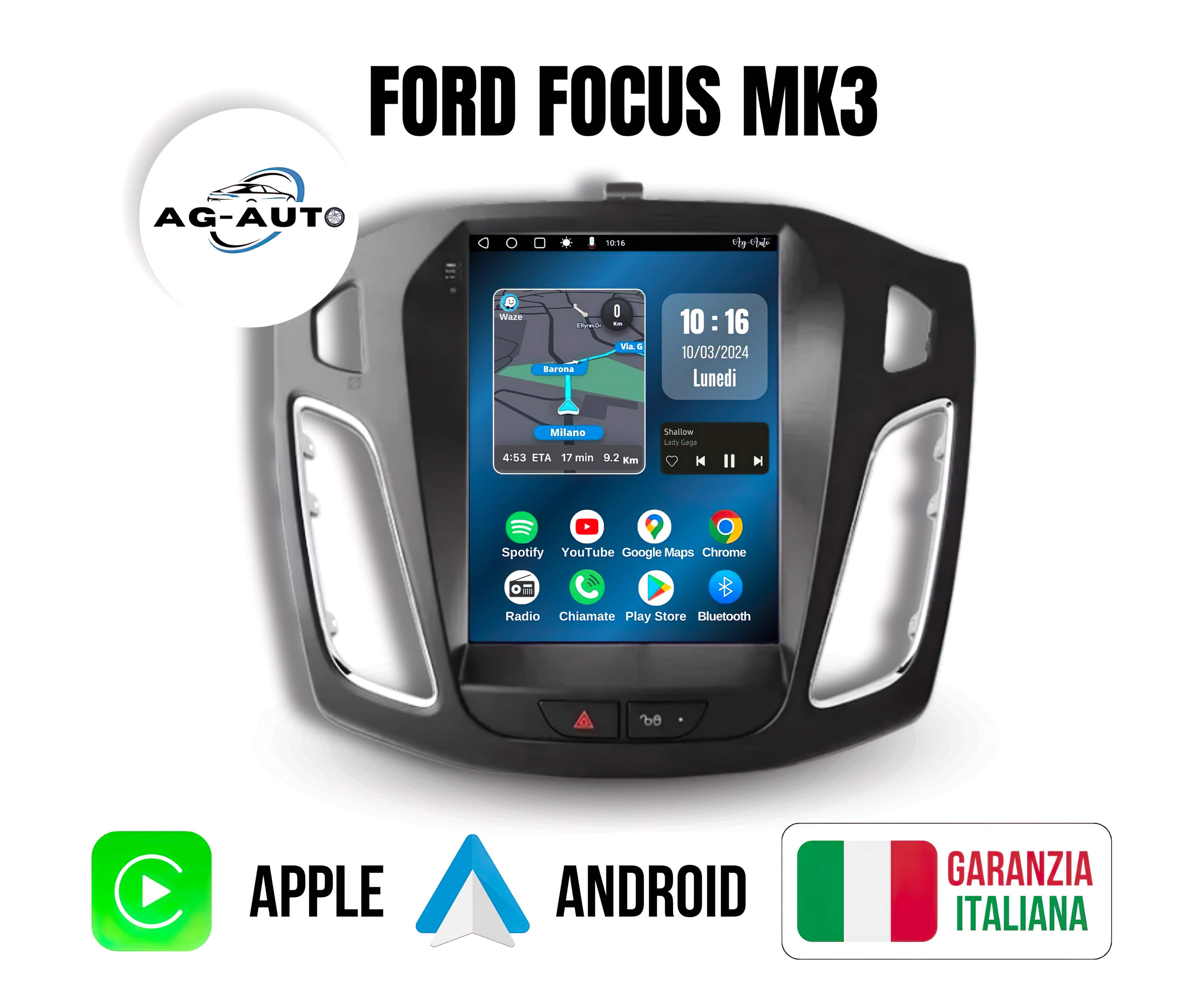 Ford Focus 3 Mk3 Tesla |10 pollici - Mascherina Inclusa Autoradio 2 Din Android auto + Carplay | 2/32gb Stereo Touch | Navigatore GPS + Bluetooth + Wifi