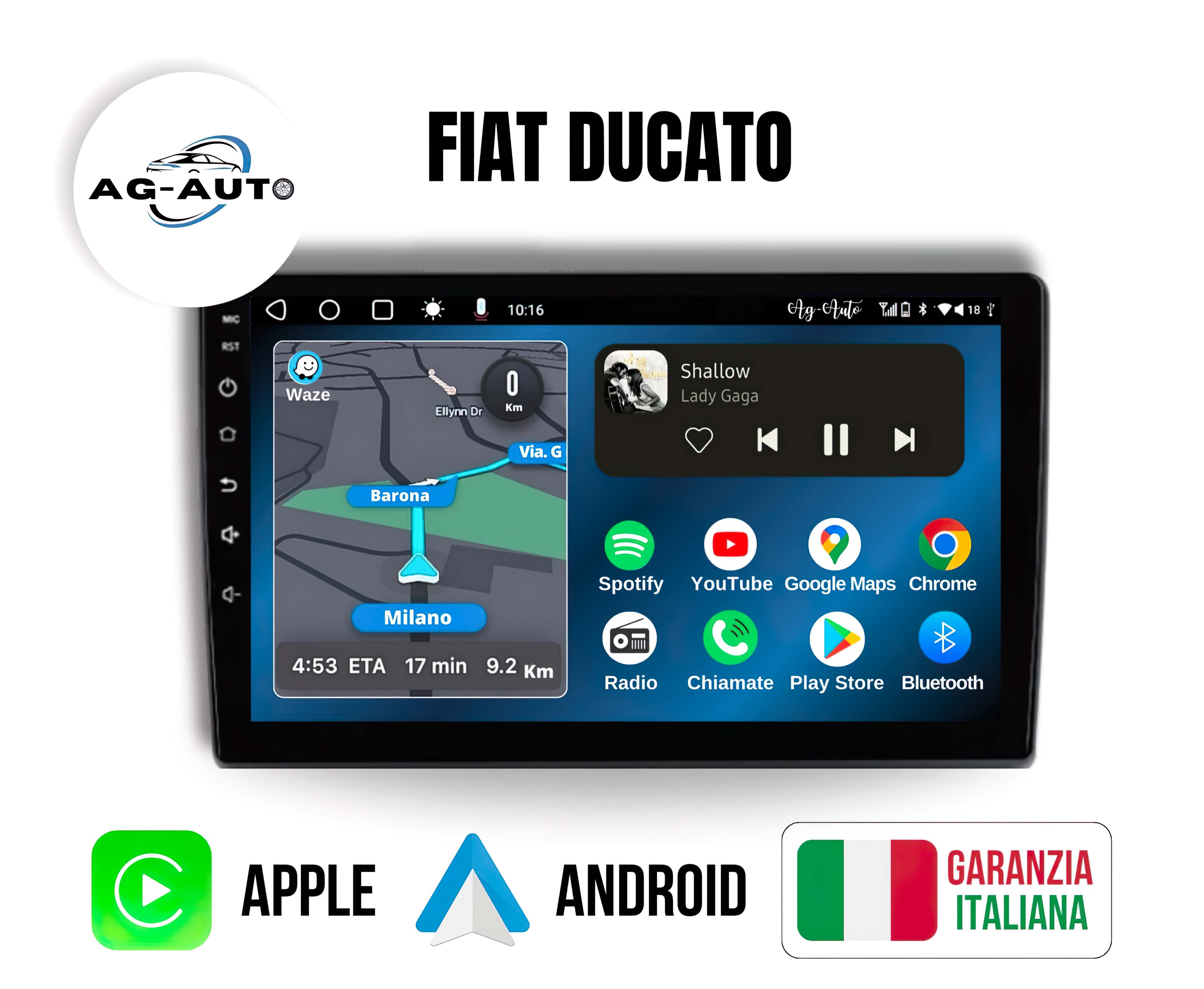 Fiat Ducato | 9 pollici | Mascherina Inclusa - Autoradio 2 Din Android auto + Carplay / Stereo Touch | Navigatore GPS + Bluetooth + Wifi