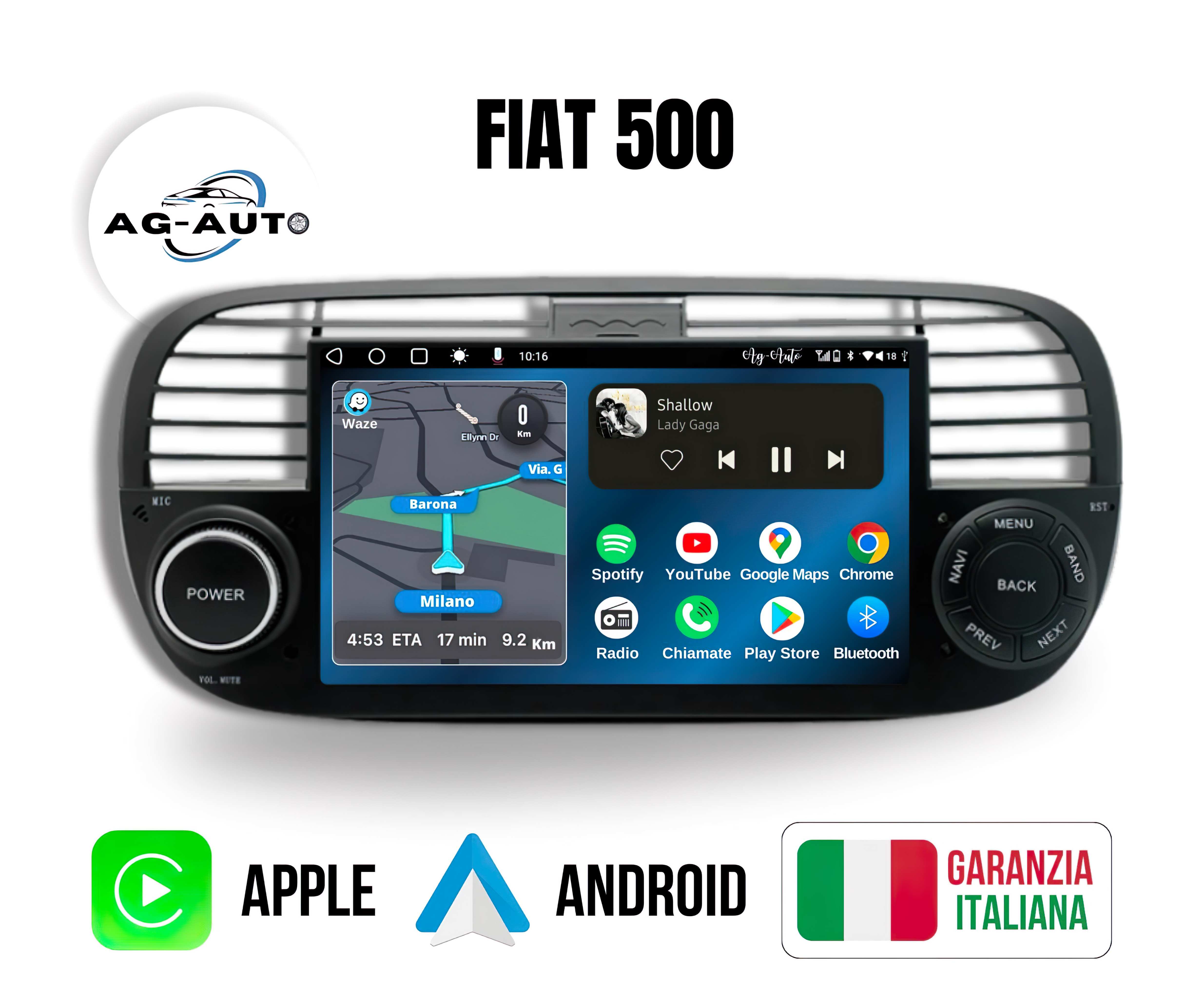 Fiat 500 | Autoradio 2 Din Android auto + Carplay / Stereo Touch 1/32gb - 2/32gb 2/64gb | Navigatore GPS + Bluetooth + Wifi