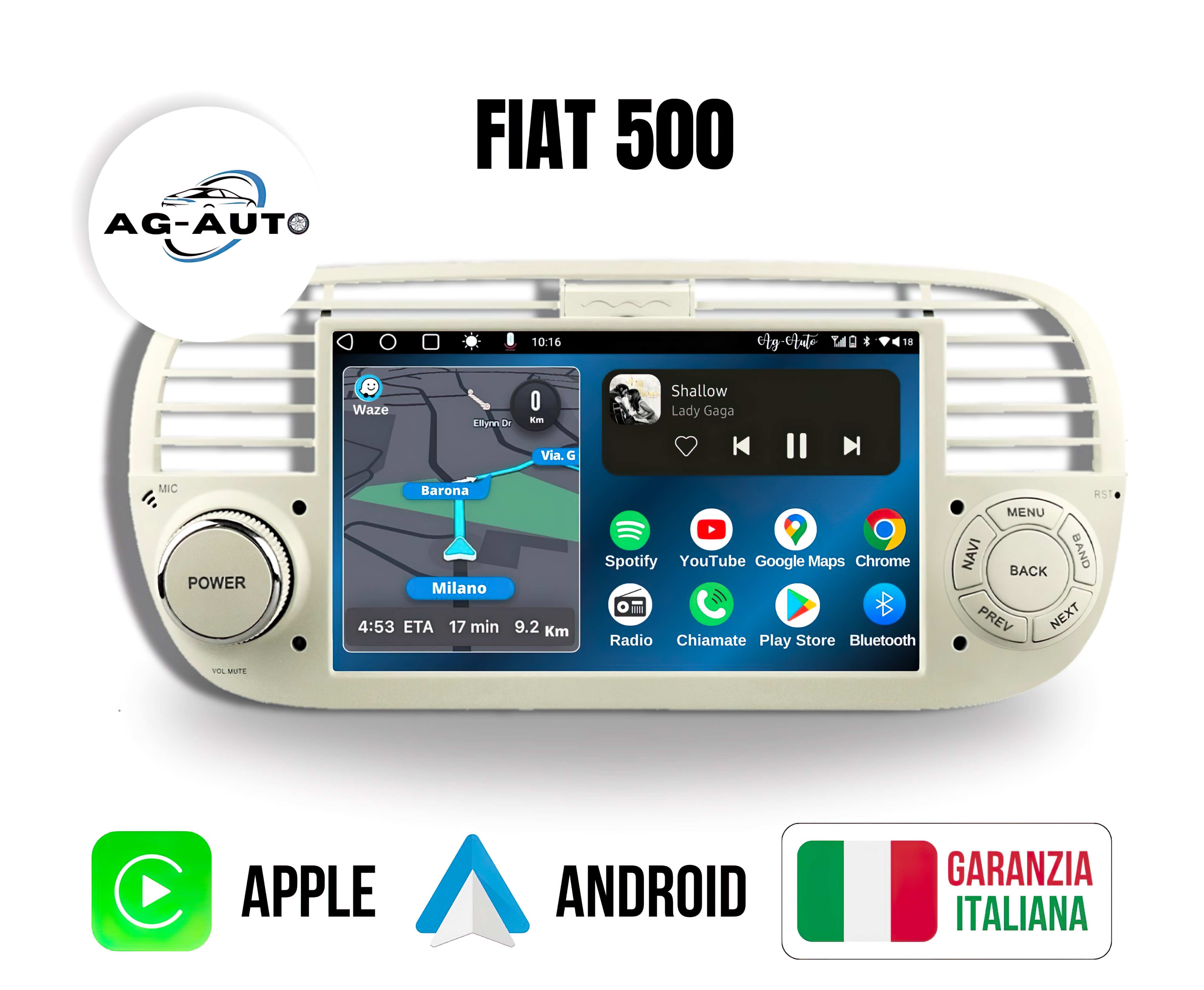 Fiat 500 | Autoradio 2 Din Android auto + Carplay / Stereo Touch 1/32gb - 2/32gb 2/64gb | Navigatore GPS + Bluetooth + Wifi