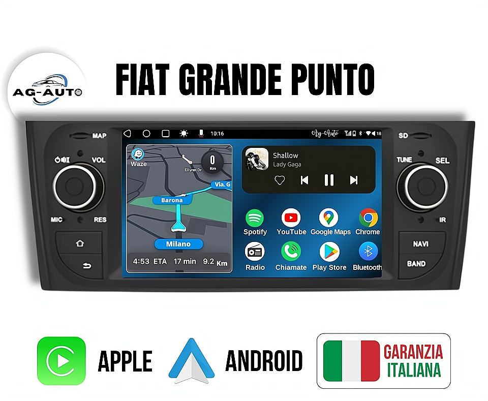 Fiat Grande punto 2005/2012  Autoradio 2 Din Android auto + Carplay / Stereo Touch 2/32gb | Navigatore GPS + Bluetooth + Wifi