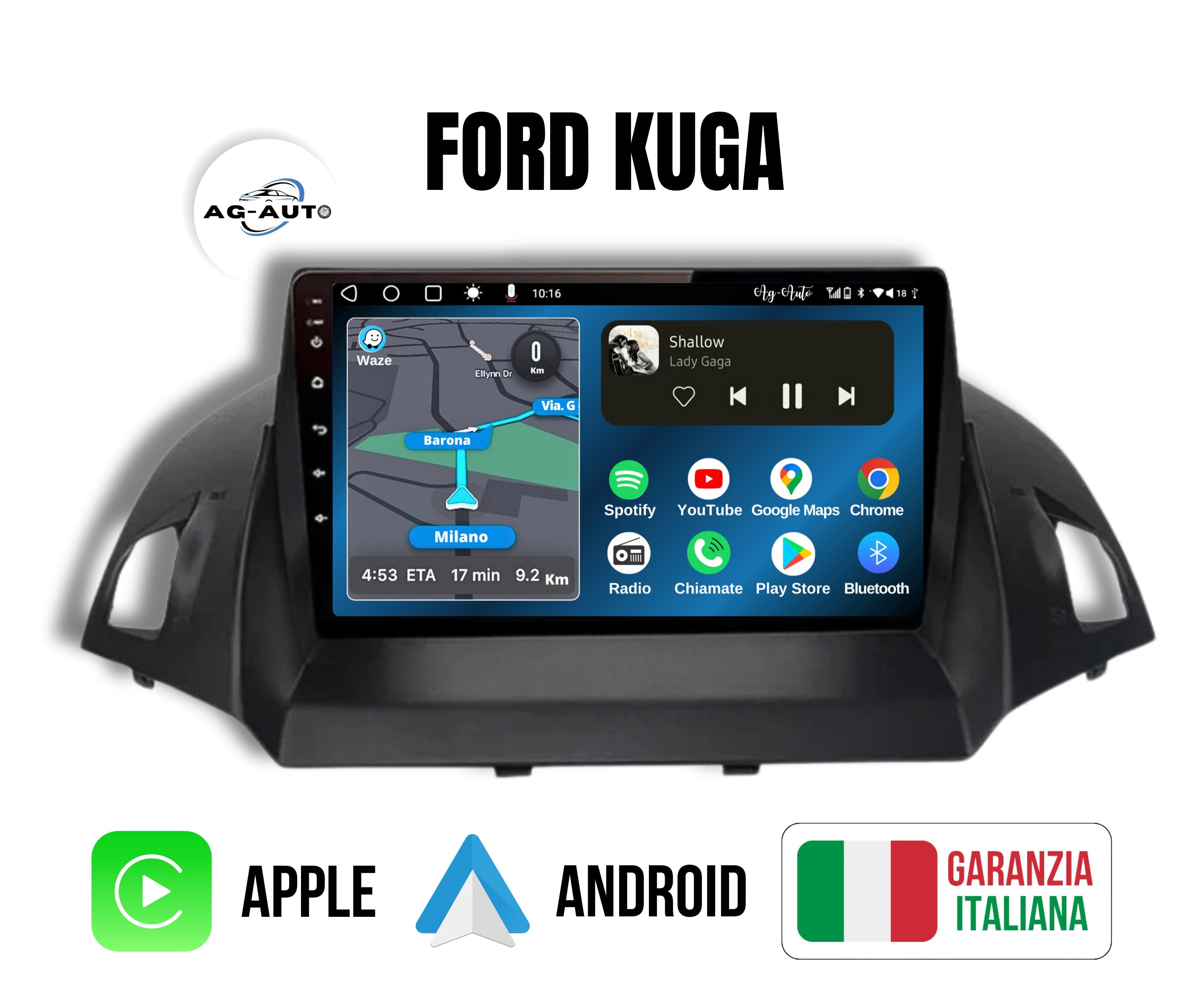 Ford Kuga | Mascherina Inclusa - 9 pollici - Autoradio 2 Din Android auto + Carplay | 2/64gb - 4/64gb Stereo Touch / Navigatore Gps + Bluetooth + Wifi