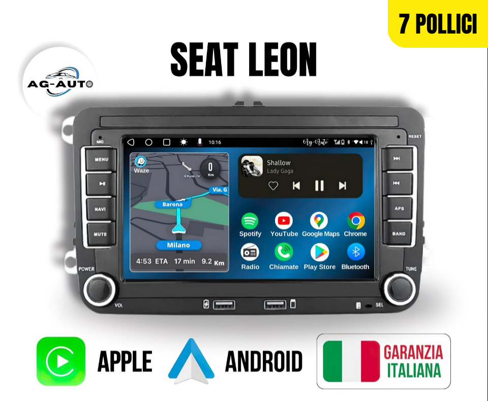 Seat Leon 7/8/9 Pollici - Autoradio 2 Din Android auto + Carplay / Stereo Touch 2/32gb | Navigatore GPS + Bluetooth + Wifi