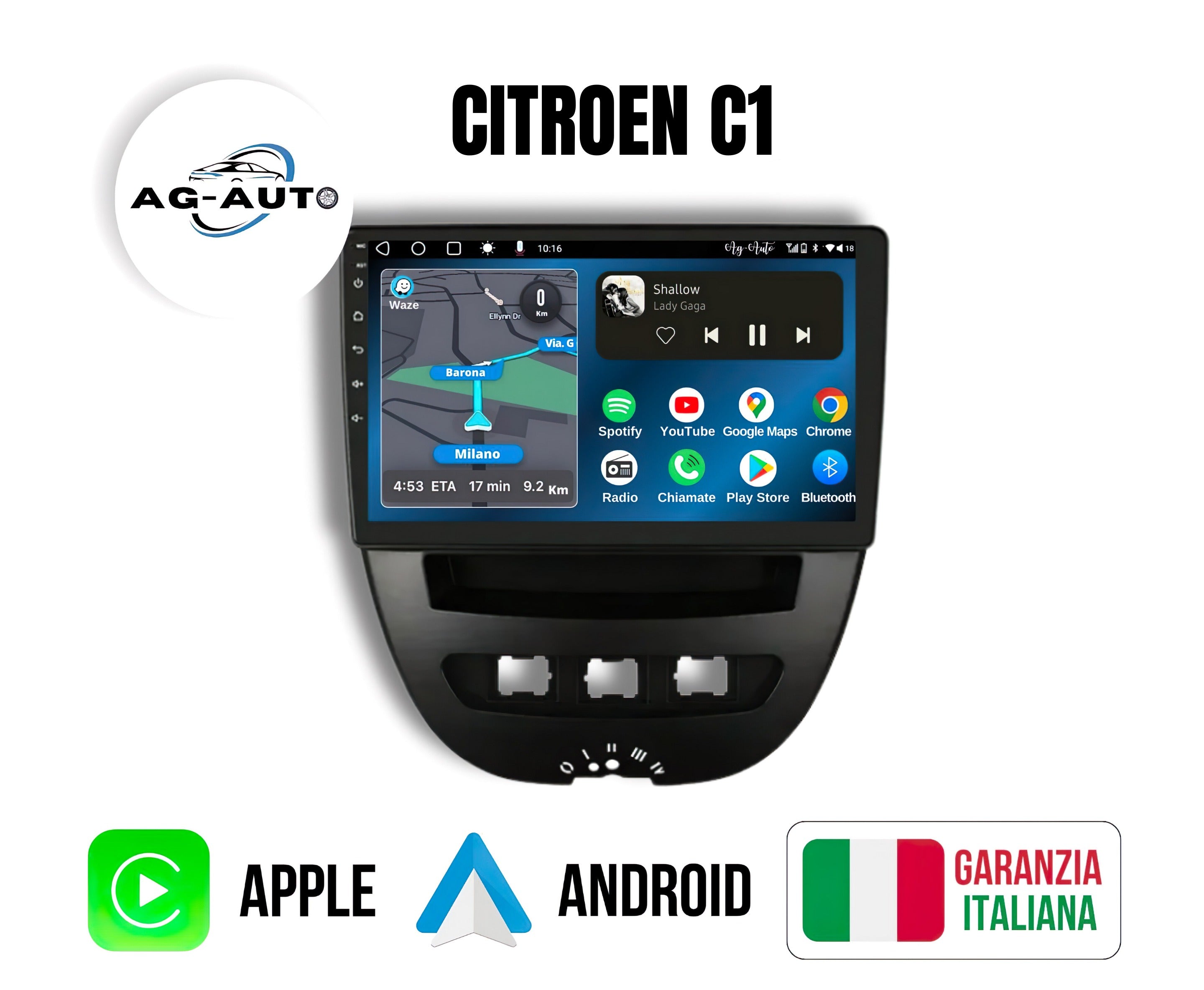 Citroen c1 | 9 Pollici - Mascherina inclusa - Autoradio 2 Din Android auto + Carplay / Stereo Touch 2/64gb | Navigatore GPS + Bluetooth + Wifi