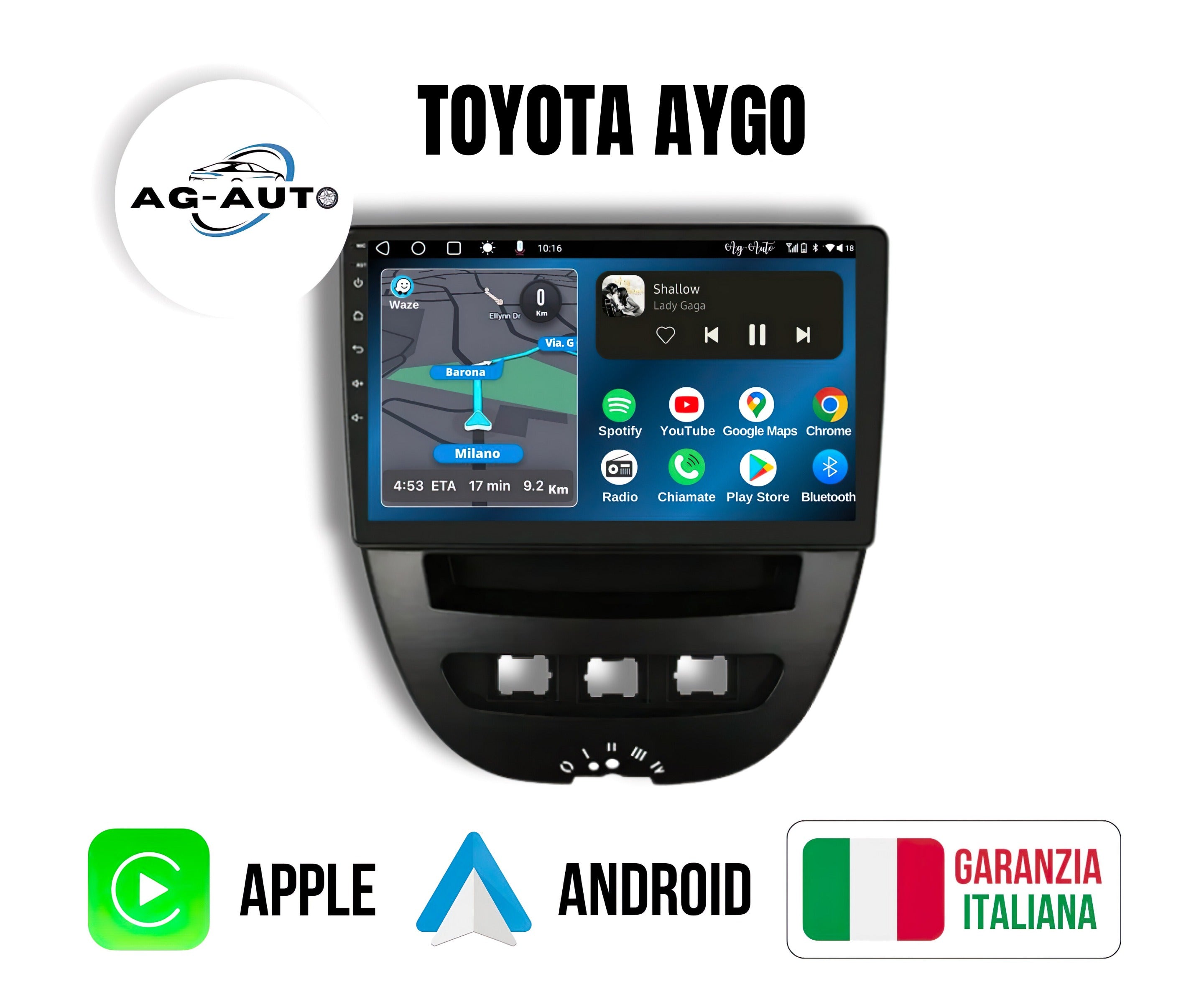 Toyota Aygo | 9 Pollici - Mascherina inclusa - Autoradio 2 Din Android auto + Carplay / Stereo Touch 2/64gb | Navigatore GPS + Bluetooth + Wifi