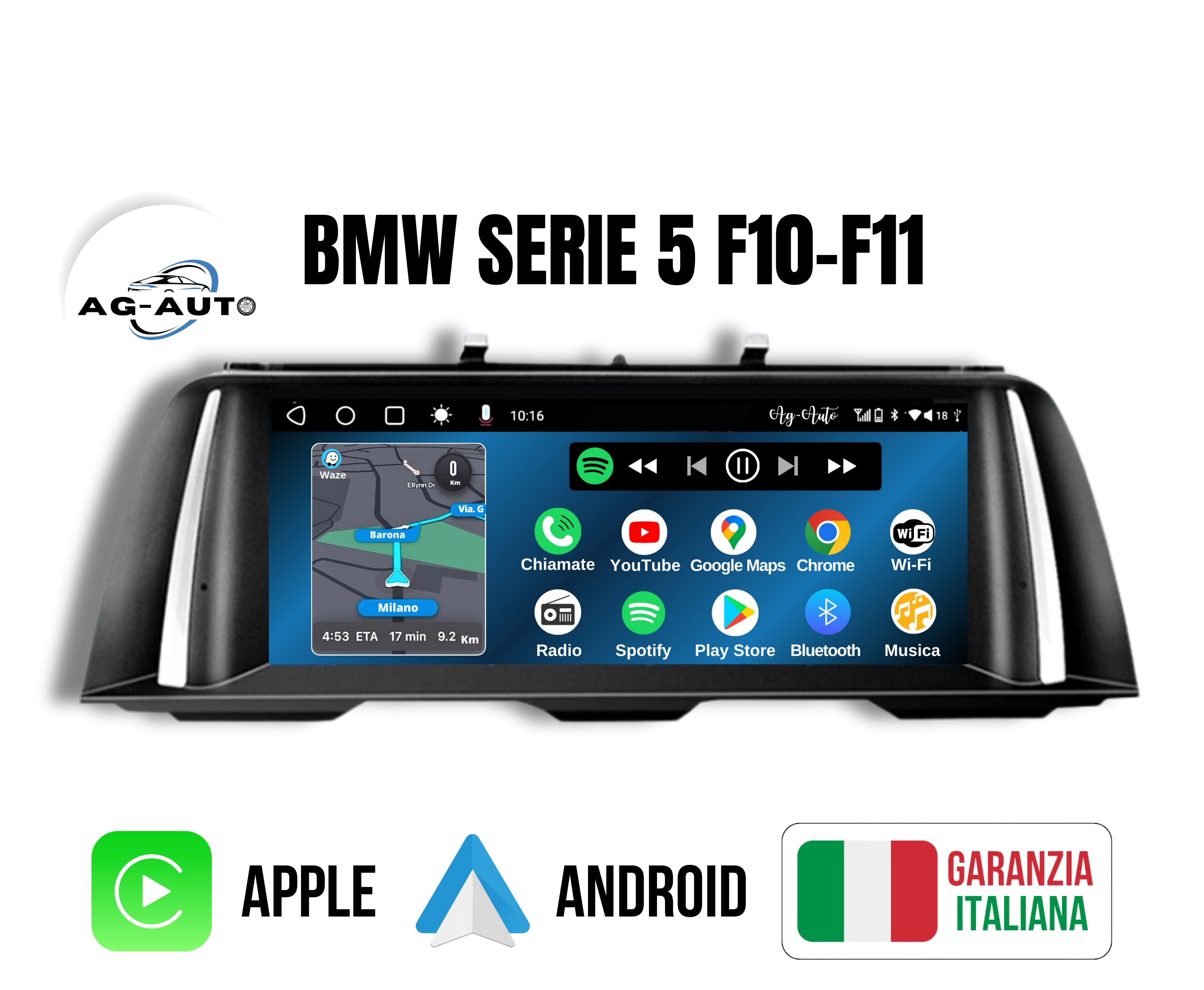 Bmw serie 5 | 10.1 Pollici - Mascherina inclusa - Autoradio 2 Din Android auto + Carplay /  Bmw f10 f11 Stereo Touch Navigatore GPS 2/32 gb / Car Tablet  + Bluetooth + Wifi