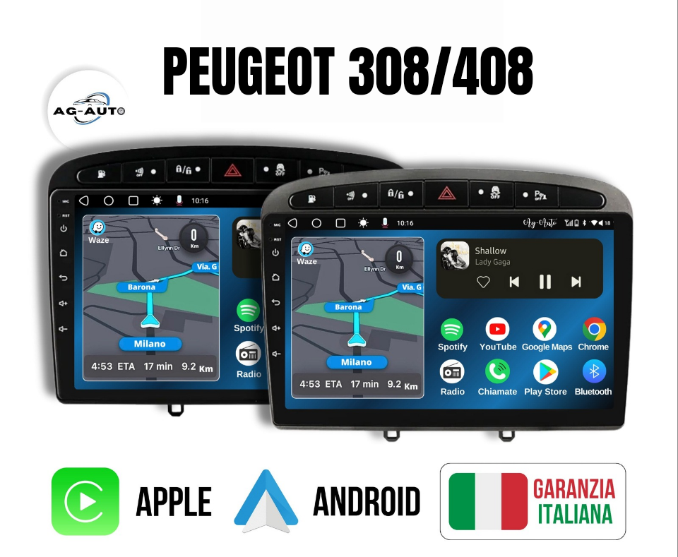 Peugeot 308/308s/408 | 9 pollici Autoradio 2 Din Android auto + Carplay / Stereo Touch 2/64gb | Navigatore GPS + Bluetooth + Wifi