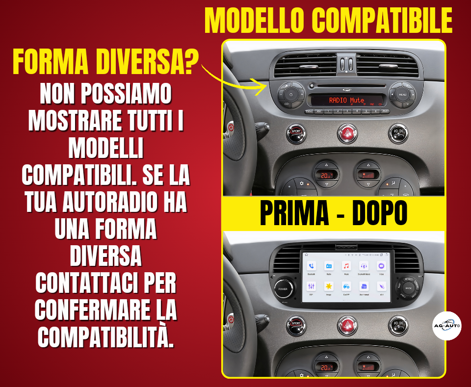 Fiat 500 | Autoradio 2 Din Android auto + Carplay / Stereo Touch 1/32gb - 2/32gb 2/64gb | Navigatore GPS + Bluetooth + Wifi