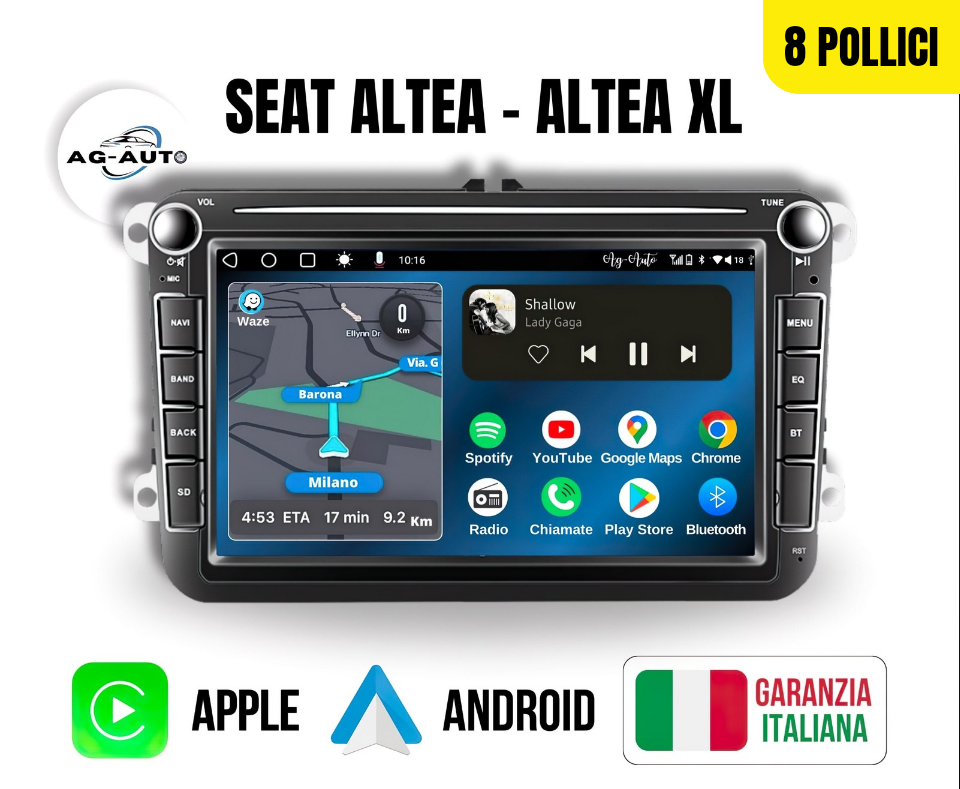 Seat Altea & Xl 7/8/9 Pollici - Autoradio 2 Din Android auto + Carplay / 2/32gb | Stereo Touch | Navigatore GPS + Bluetooth + Wifi