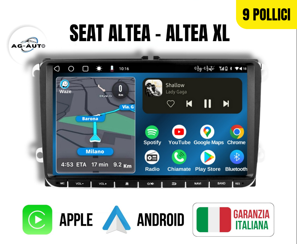 Seat Altea & Xl 7/8/9 Pollici - Autoradio 2 Din Android auto + Carplay / 2/32gb | Stereo Touch | Navigatore GPS + Bluetooth + Wifi