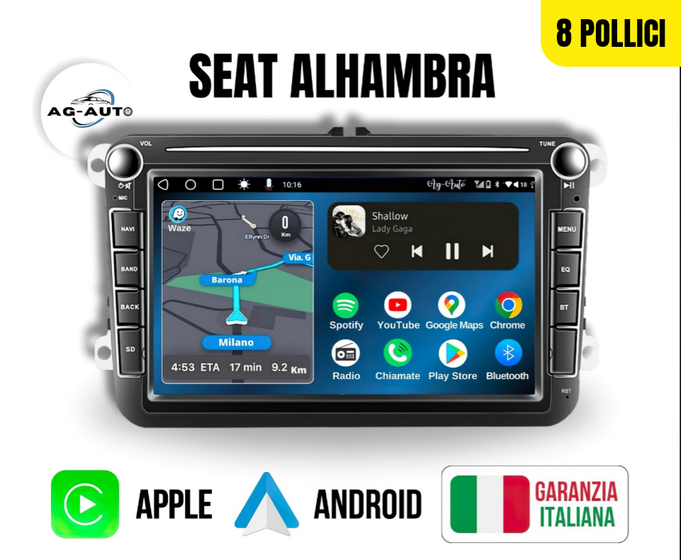 Seat Alhambra 7/8/9 pollici  - Autoradio 2 Din Android auto + Carplay / Stereo Touch - Navigatore GPS + Bluetooth + Wifi