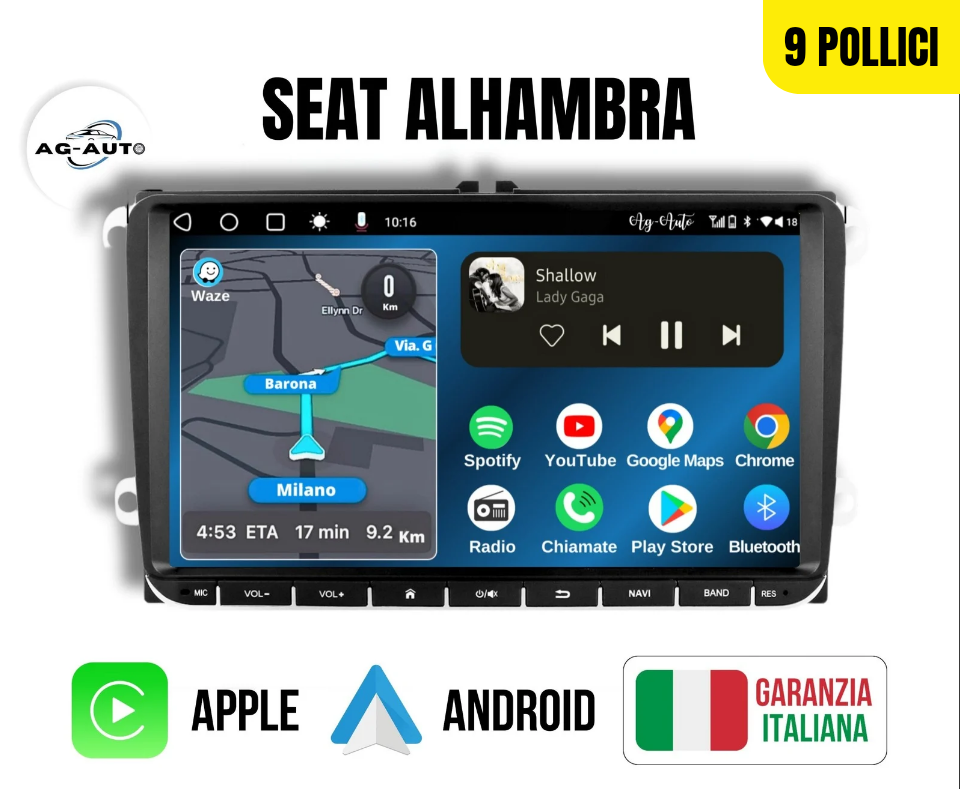 Seat Alhambra 7/8/9 pollici  - Autoradio 2 Din Android auto + Carplay / Stereo Touch - Navigatore GPS + Bluetooth + Wifi