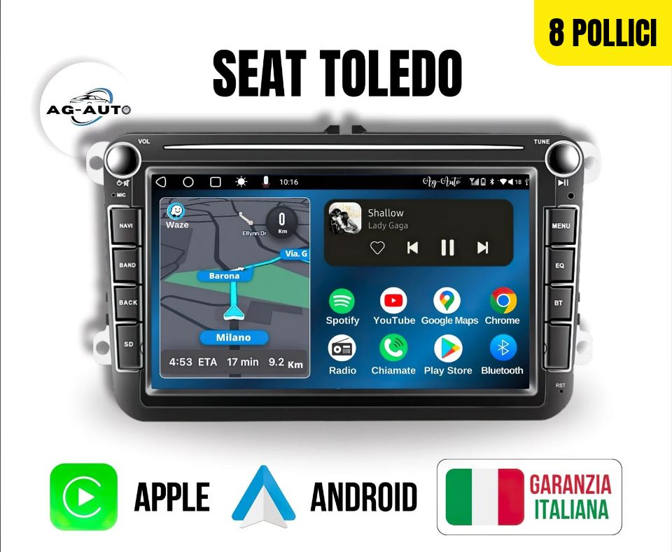 Seat Toledo 7/8/9 Pollici - Autoradio 2 Din Android auto + Carplay / 2/32gb | Stereo Touch | Navigatore GPS + Bluetooth + Wifi