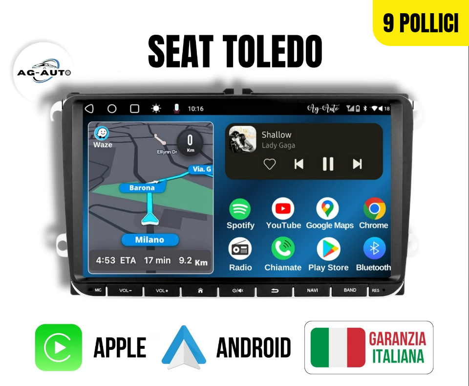 Seat Toledo 7/8/9 Pollici - Autoradio 2 Din Android auto + Carplay / 2/32gb | Stereo Touch | Navigatore GPS + Bluetooth + Wifi