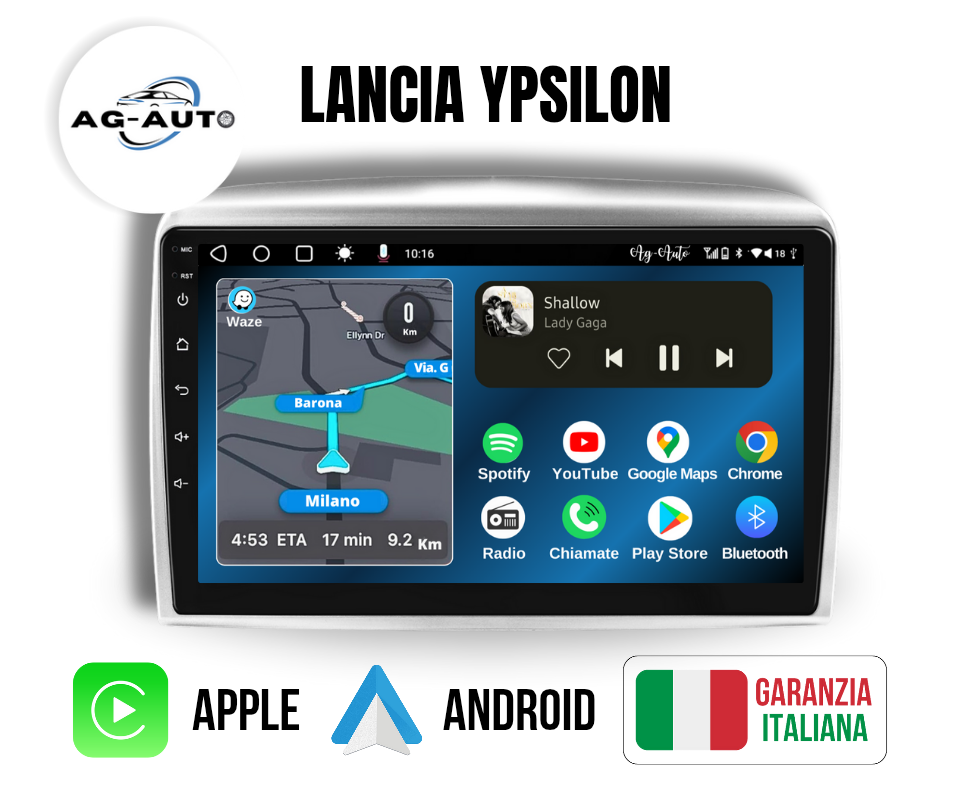 Lancia Y (Ypsilon) 2008/2012 | 9 Pollici - Mascherina inclusa - Autoradio 2 Din Android auto + Carplay / Stereo Touch 2/32GB 2/64GB | 2x USB + Navigatore GPS + Bluetooth + Wifi