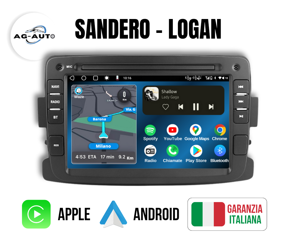 Dacia Sandero - Logan - Autoradio 2 Din Android auto + Carplay Stereo Navigatore Touch / Car Tablet Gps + Bluetooth + Wifi