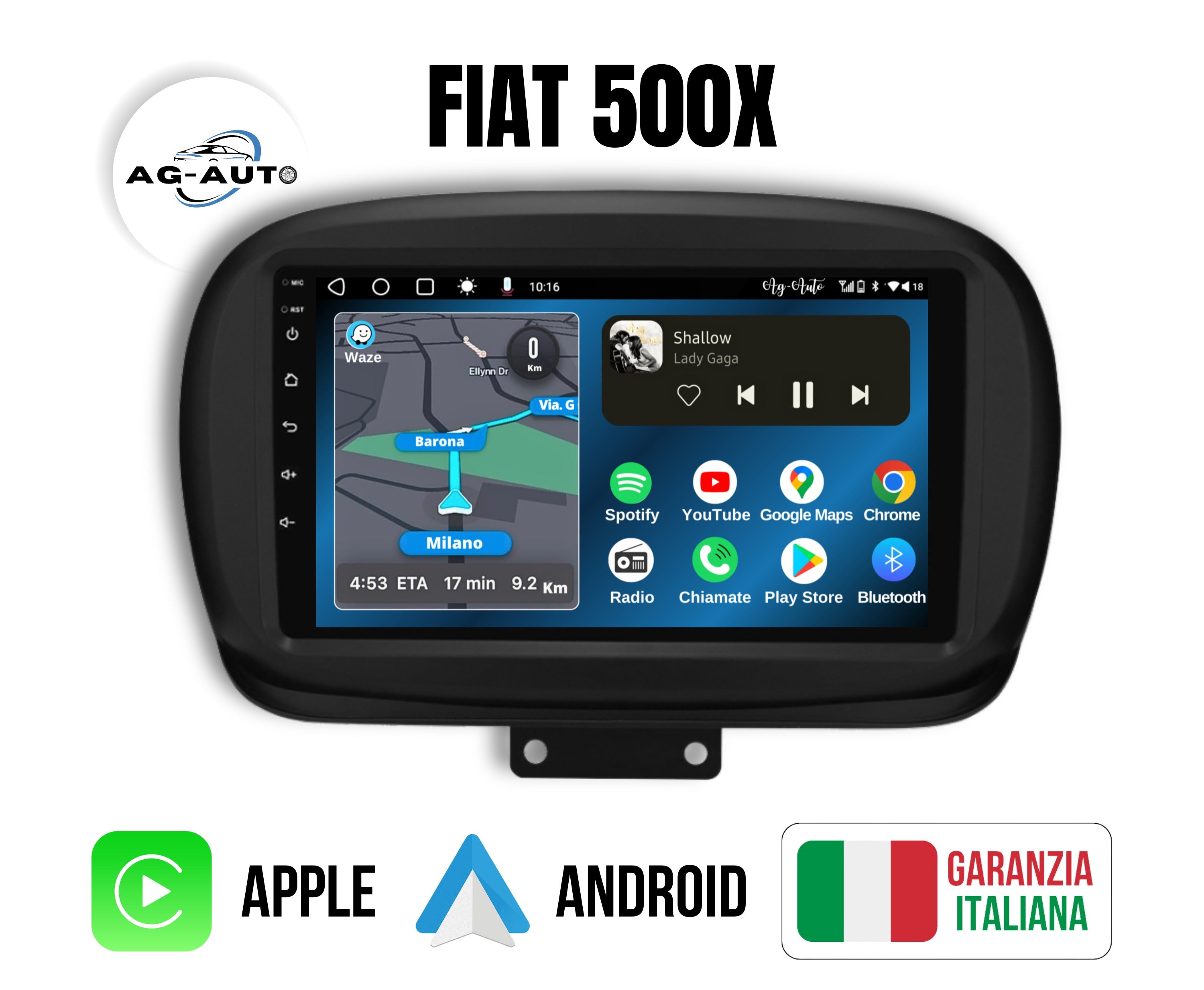 Fiat 500X (2014/2020) | 9 pollici - Mascherina Autoradio 2 Din Android auto + Carplay / Stereo | USB + Navigatore GPS + Bluetooth + Wifi