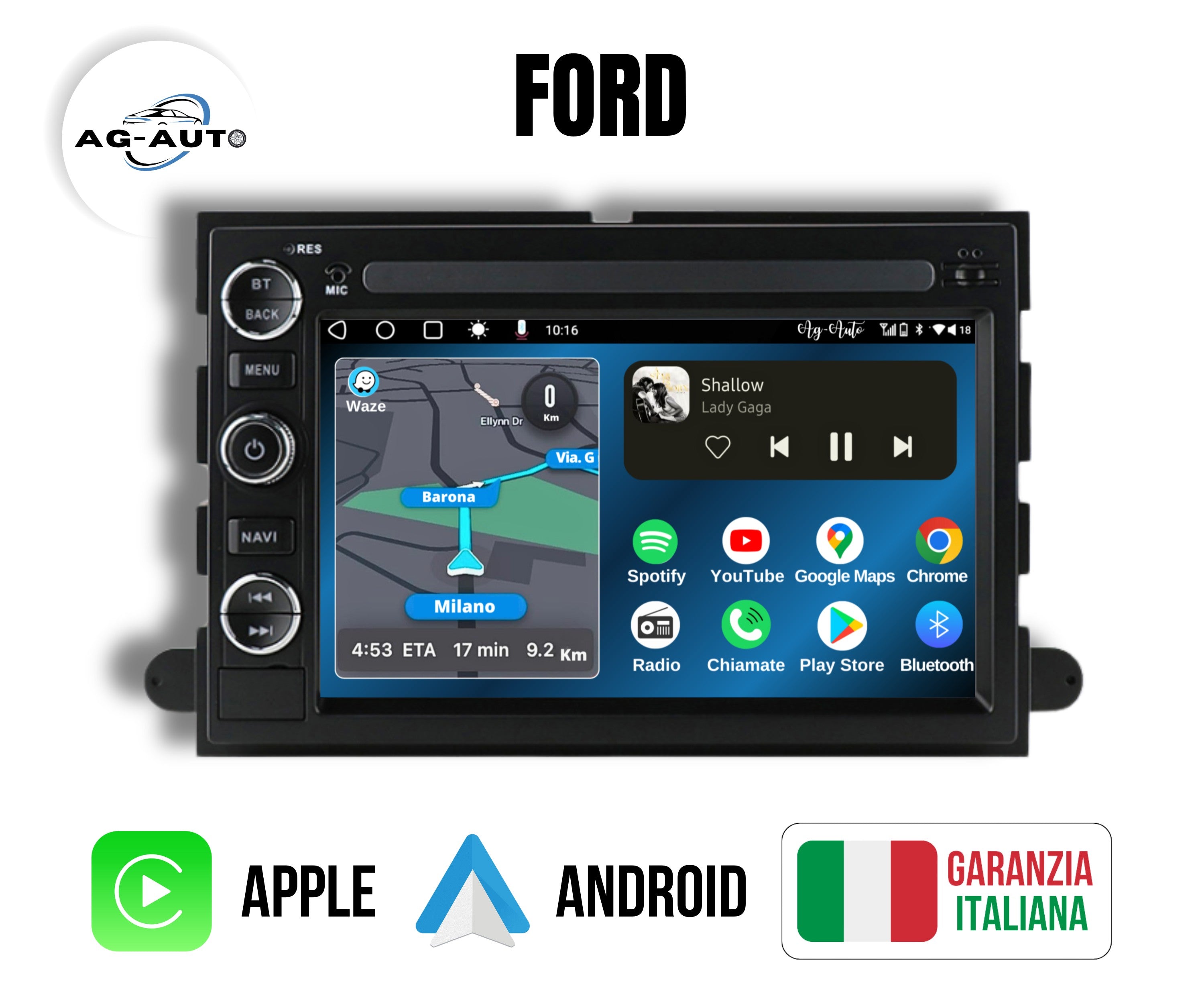 Ford Universale | Autoradio 2 Din Android auto + Carplay Stereo Touch | USB + Navigatore GPS + Bluetooth + Wifi