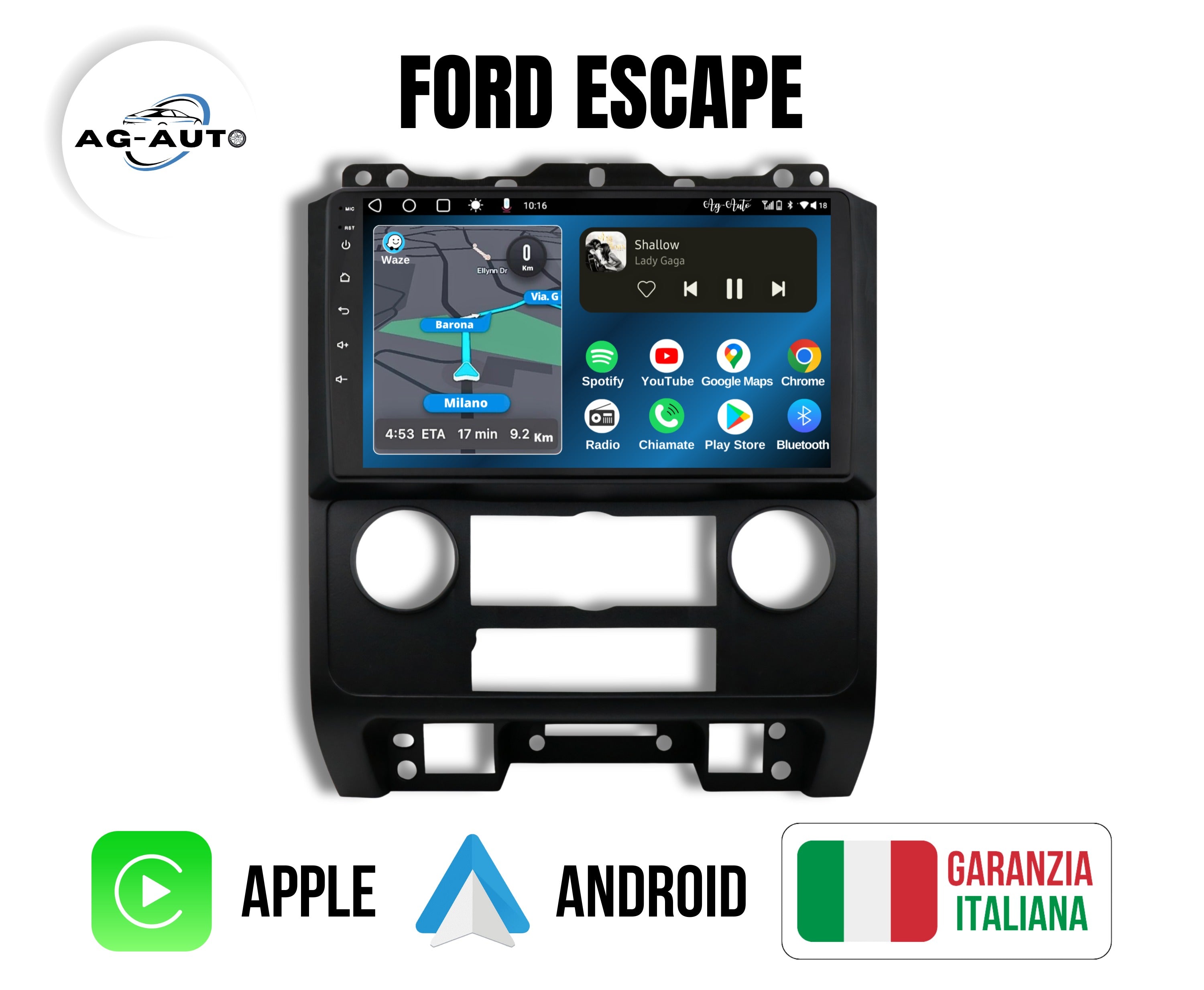 Ford Escape (2007/2012) | 9 pollici - Mascherina Inclusa - Autoradio 2 Din Android auto + Carplay Stereo Touch | USB + Navigatore GPS + Bluetooth + Wifi