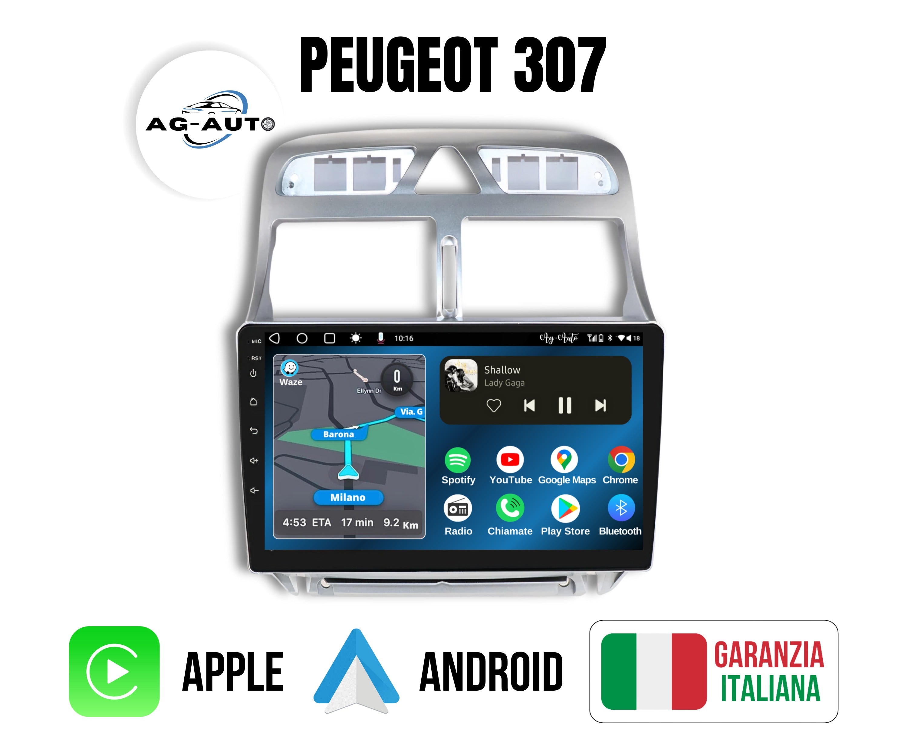 Peugeot 307 (2002/2013) | 9 pollici - Mascherina inclusa Autoradio 2 Din Android auto + Carplay / Stereo Touch 2/64gb - 4/64gb | Navigatore GPS + Bluetooth + Wifi