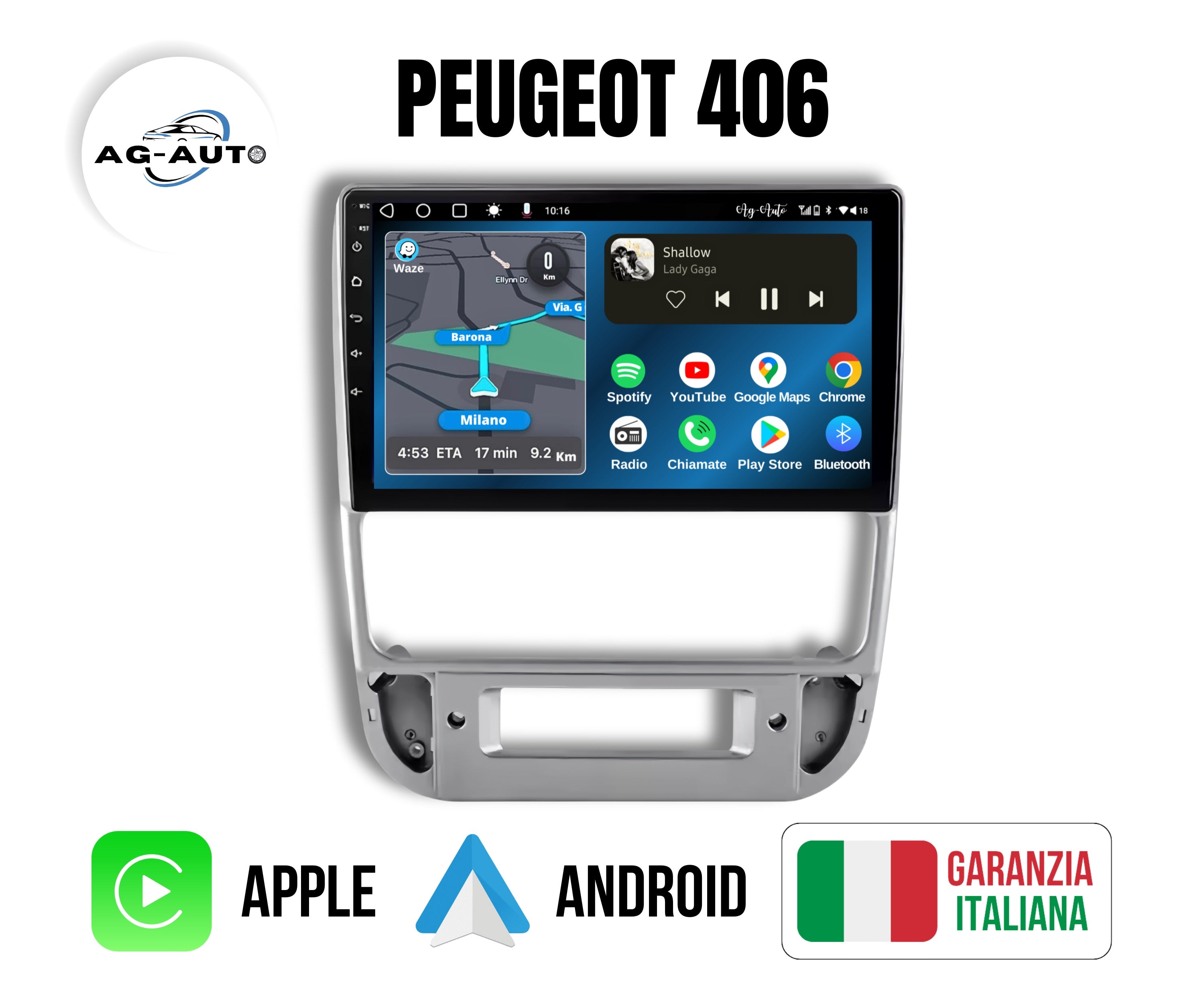 Peugeot 406 (1994/2005) | 9 pollici - Mascherina inclusa Autoradio 2 Din Android auto + Carplay / Stereo Touch 2/64gb - 4/64gb | USB + navigatore GPS + Bluetooth + Wifi
