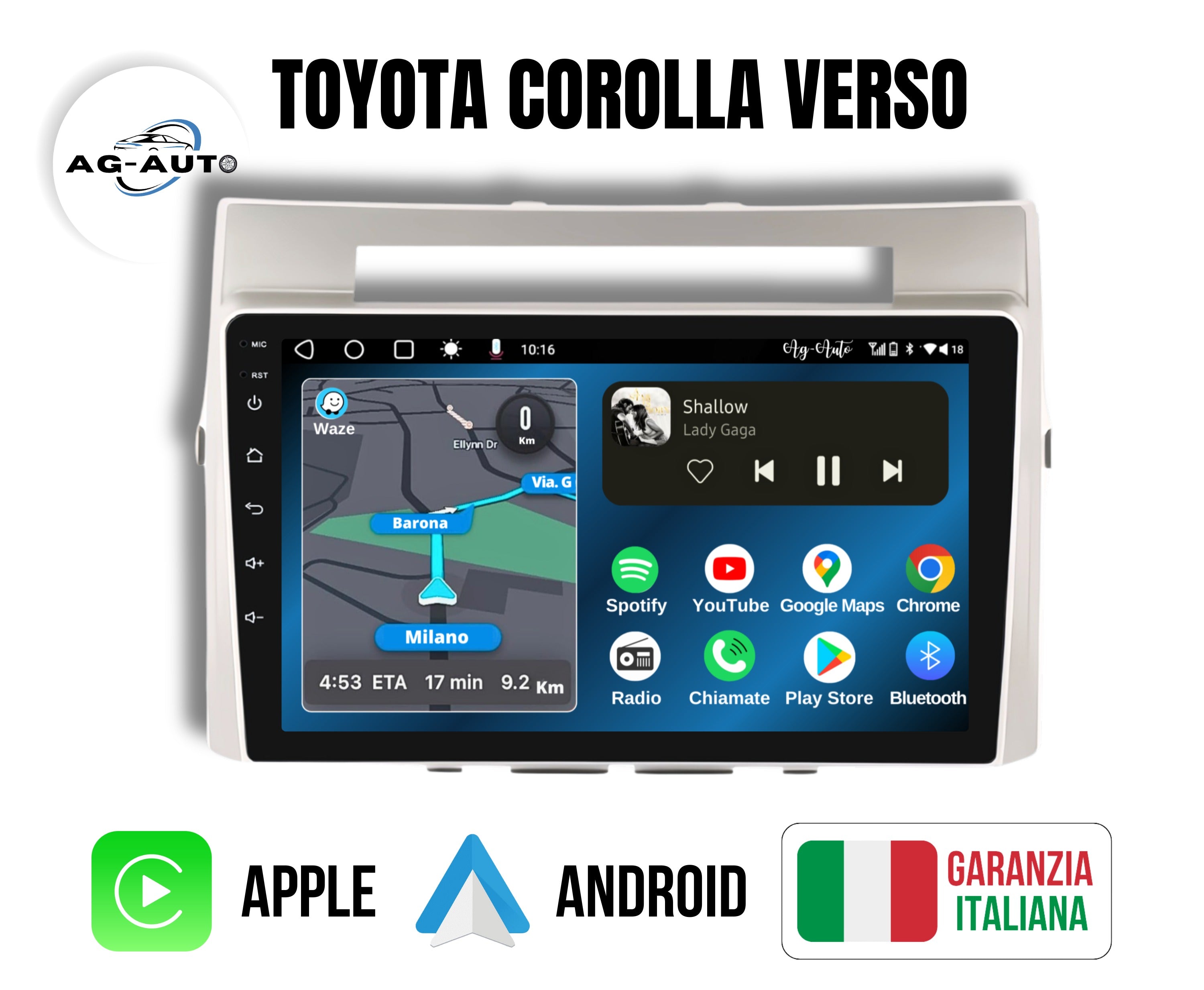 Toyota Corolla Verso (2007/2011) | 9 Pollici - Mascherina inclusa - Autoradio 2 Din Android auto + Carplay / Stereo Touch 2/64gb | Navigatore GPS + Bluetooth + Wifi