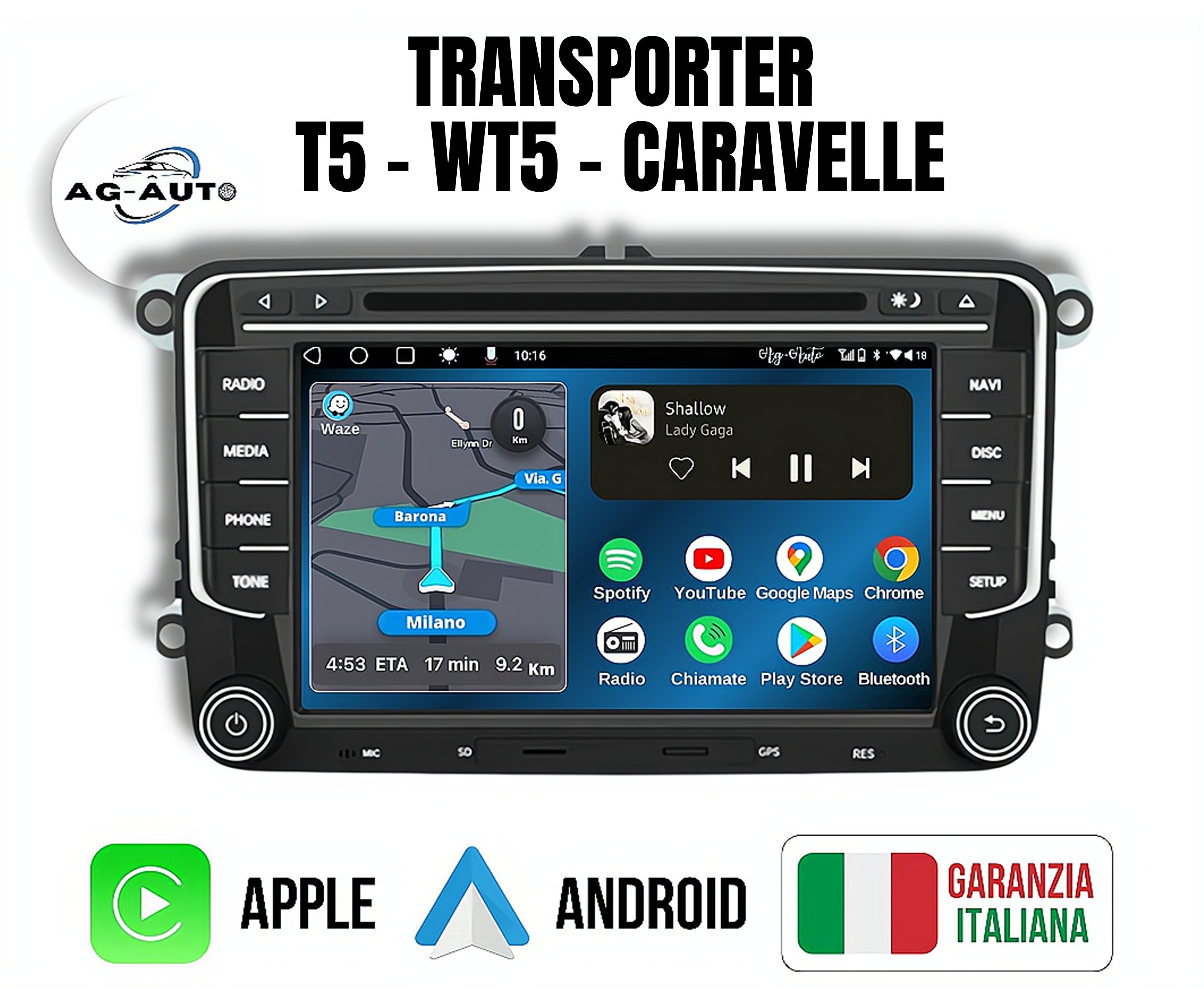 Volkswagen SD-CD-DVD Transporter T5 - WT5 - Caravelle |  Autoradio 2 Din Android auto + Carplay / vw Stereo Touch | Navigatore GPS + Bluetooth + Wifi