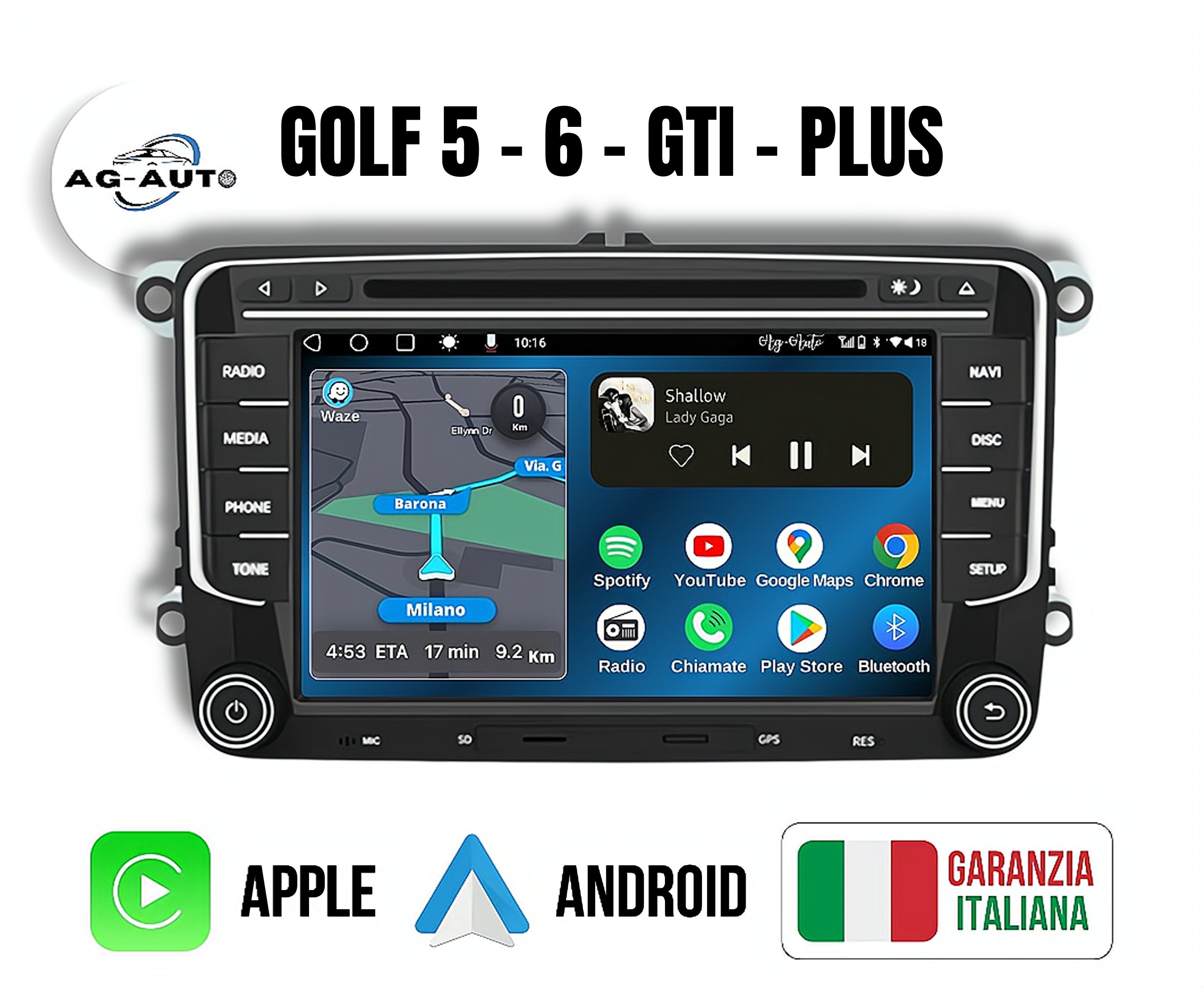 Volkswagen golf 5 & 6 - Gti - Plus  | SD-CD-DVD Autoradio 2 Din Android auto + Carplay / vw Stereo Touch | Navigatore GPS + Bluetooth + Wifi