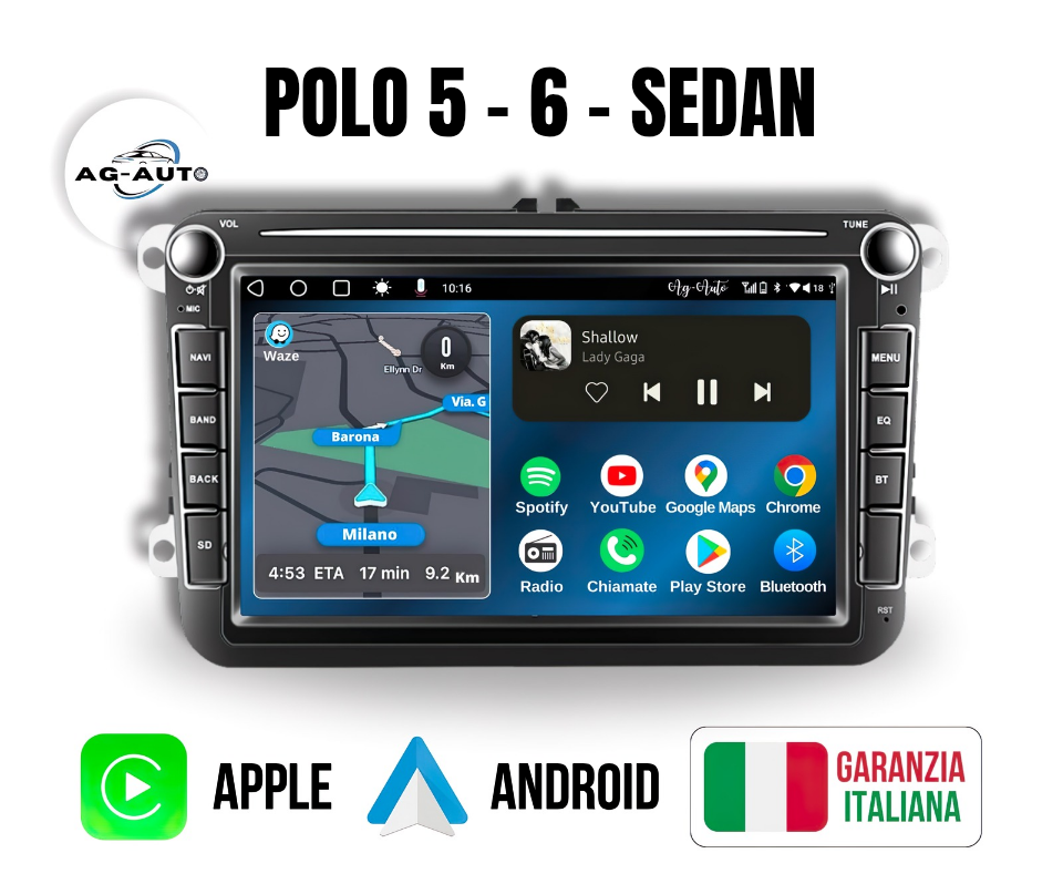 Volkswagen Polo 5 / 6 / Sedan (2009/2018) | 8" pollici Autoradio 2 Din Android auto + Carplay / vw Stereo Touch | Navigatore GPS + Bluetooth + Wifi
