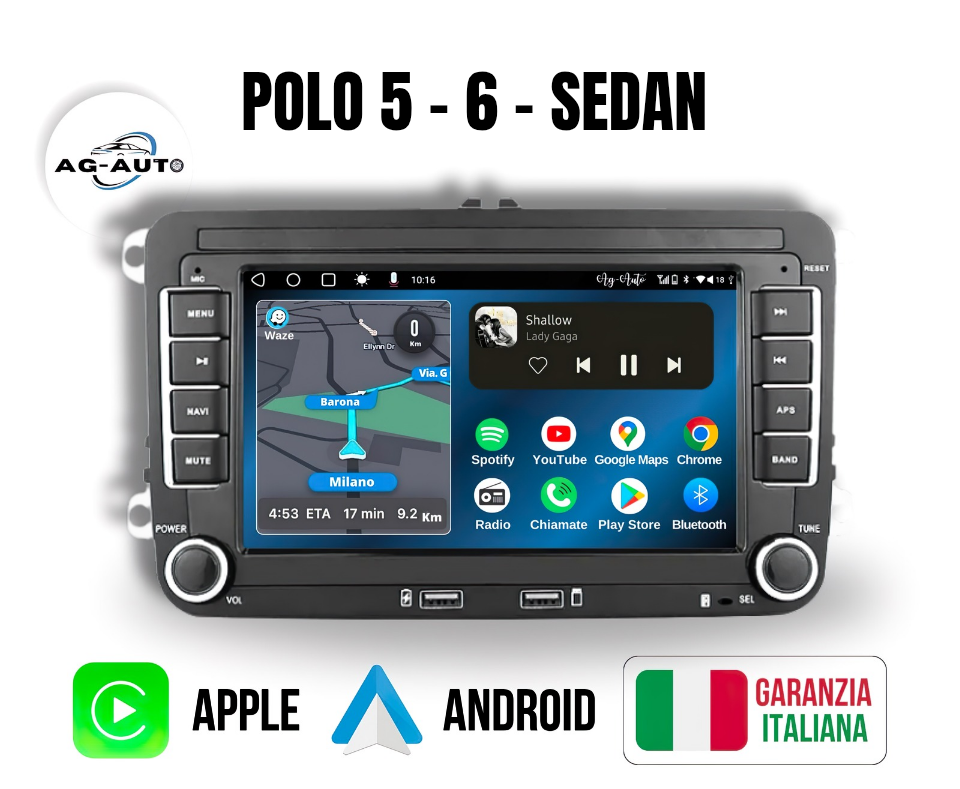 Volkswagen Polo 5 / 6 (2009/2018) | USB - Autoradio 2 Din Android auto + Carplay / vw Stereo Touch | Navigatore GPS + Bluetooth + Wifi
