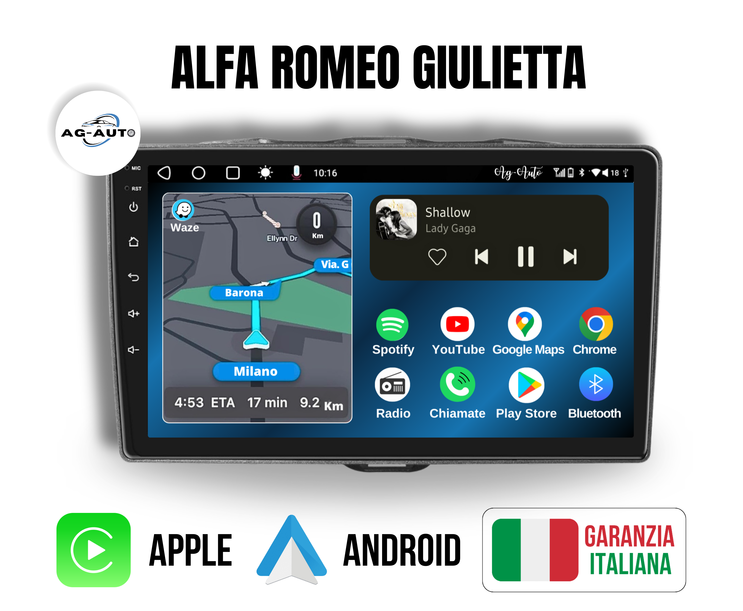 Alfa Romeo Giulietta (2014/2019) | 9 Pollici - Mascherina inclusa - Autoradio 2 Din Android auto + Carplay / Stereo Touch 2/32gb | Navigatore GPS + Bluetooth + Wifi