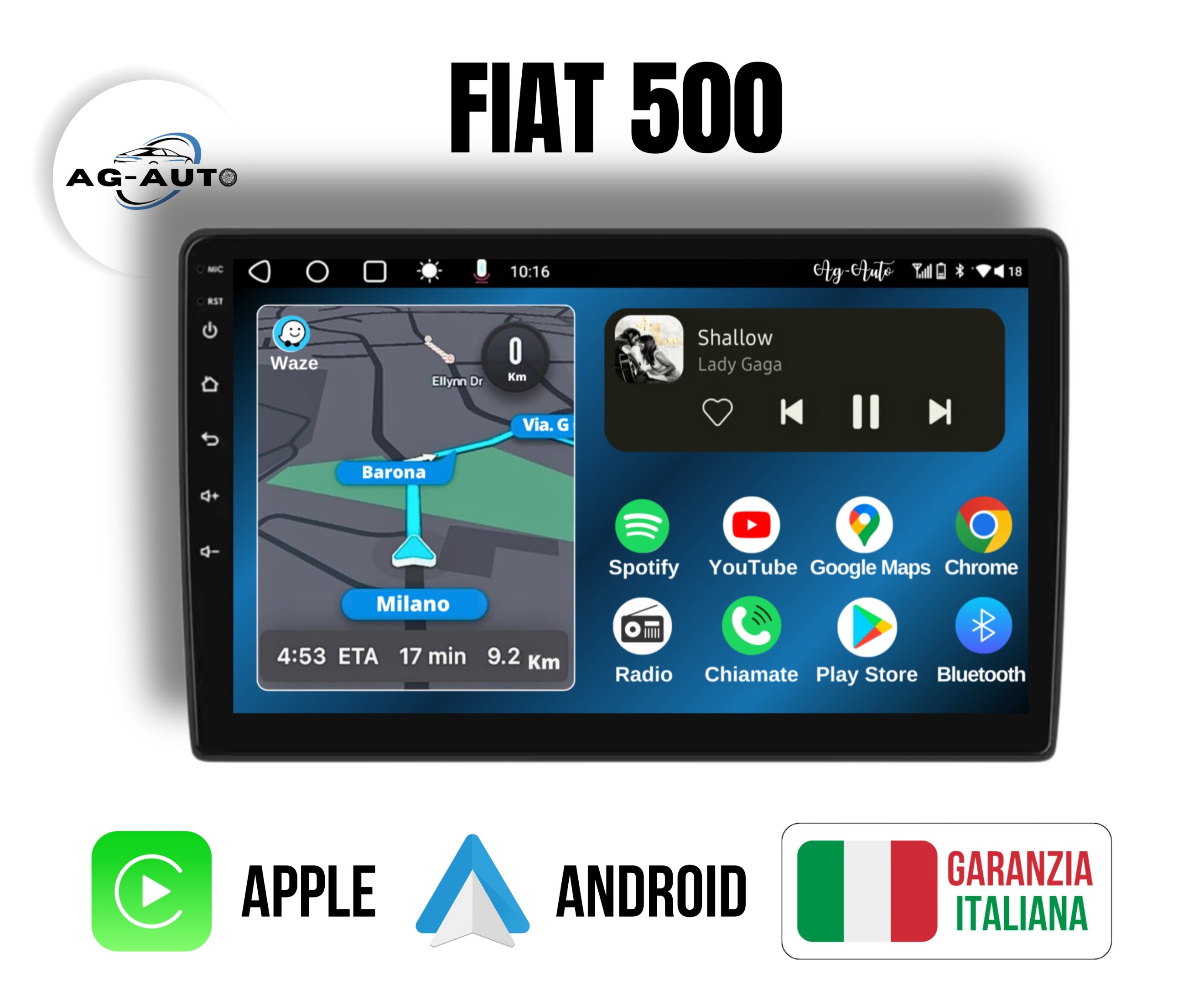 Fiat 500 / 500C (2015/2020) | Autoradio 2 Din Android auto + Carplay / Stereo Touch | Navigatore GPS + Bluetooth + Wifi + 2 USB