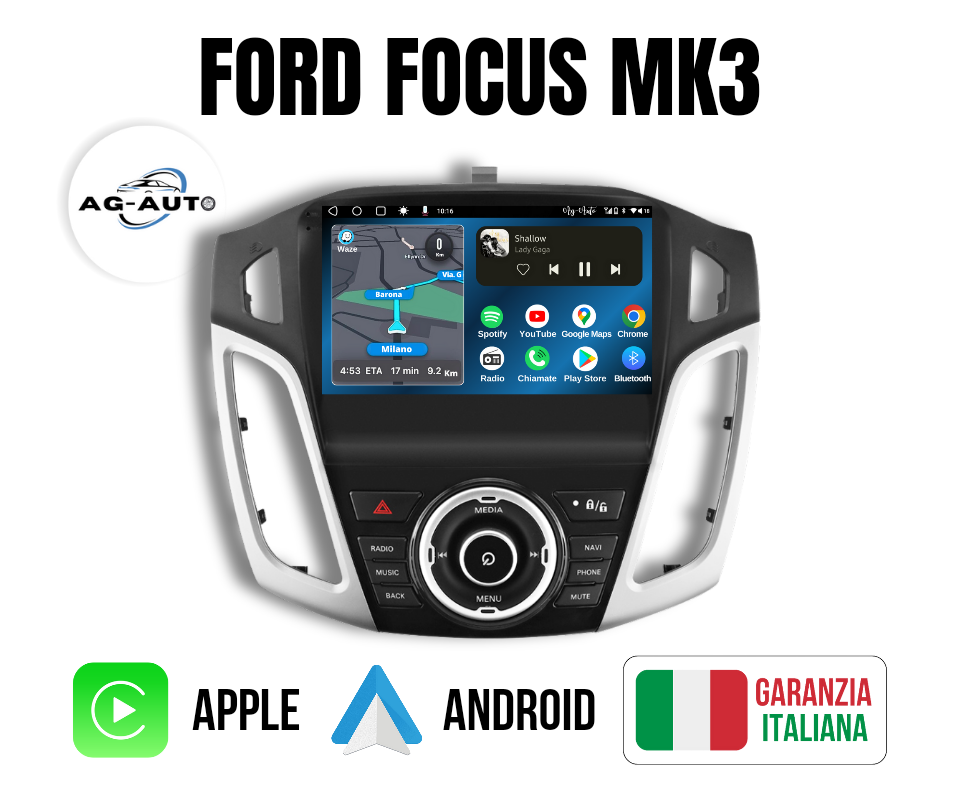 Ford Focus 3 Mk3  |  MASCHERINA INCLUSA Autoradio 2 Din Android auto + Carplay Stereo Touch | Navigatore GPS + Bluetooth + Wifi