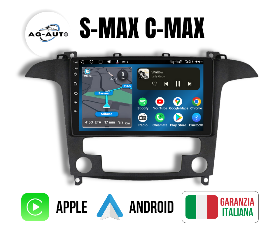 Ford C-Max / S-Max 1 & 2 - 9 pollici | Mascherina Inclusa | Autoradio 2 Din Android auto + Carplay | 2/64gb 4/64gb Stereo Touch | Navigatore GPS + Bluetooth + Wifi