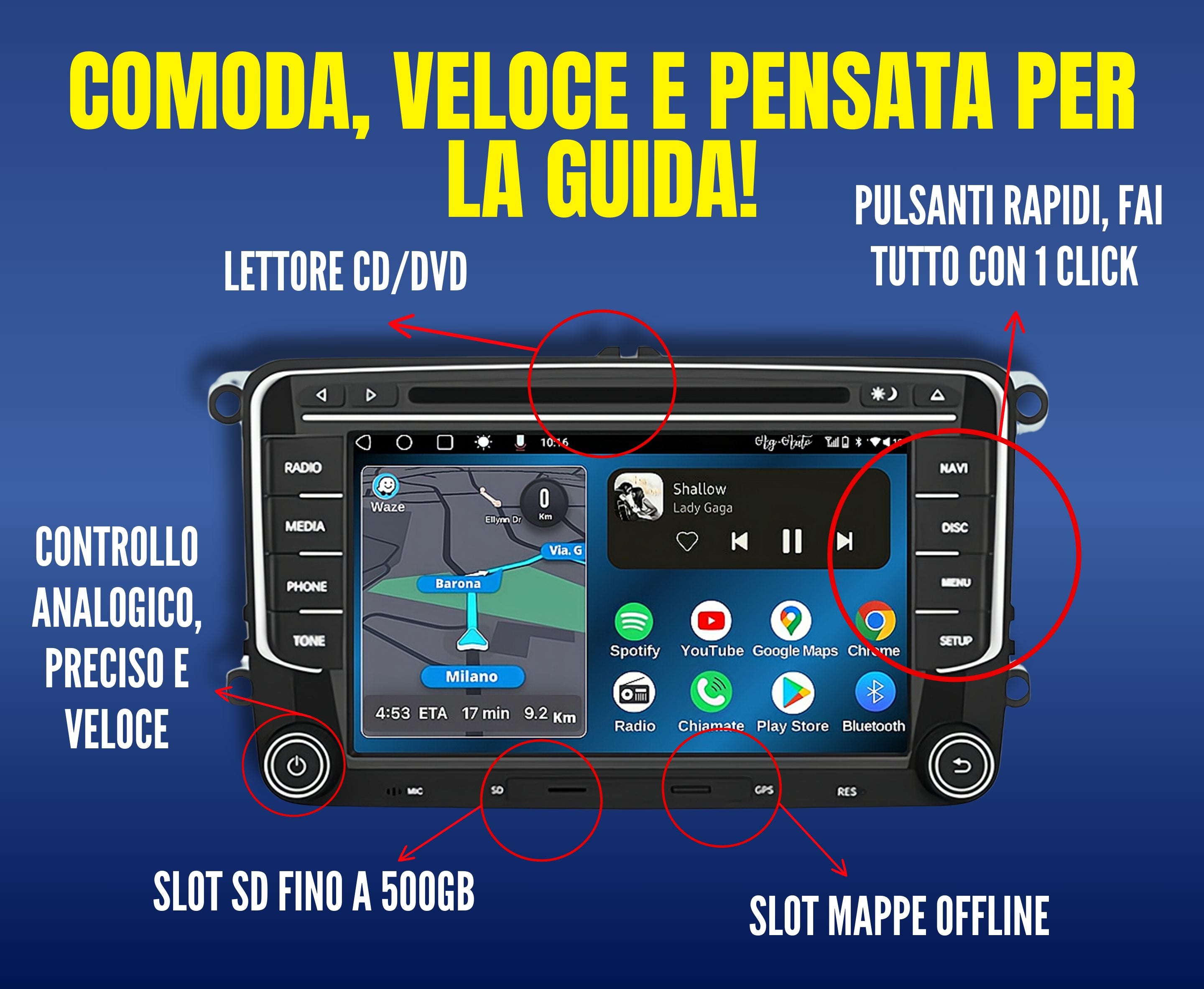 Volkswagen SD-CD-DVD Polo - 6r - Sedan | Autoradio 2 Din Android auto + Carplay / vw Stereo Touch | Navigatore GPS + Bluetooth + Wifi