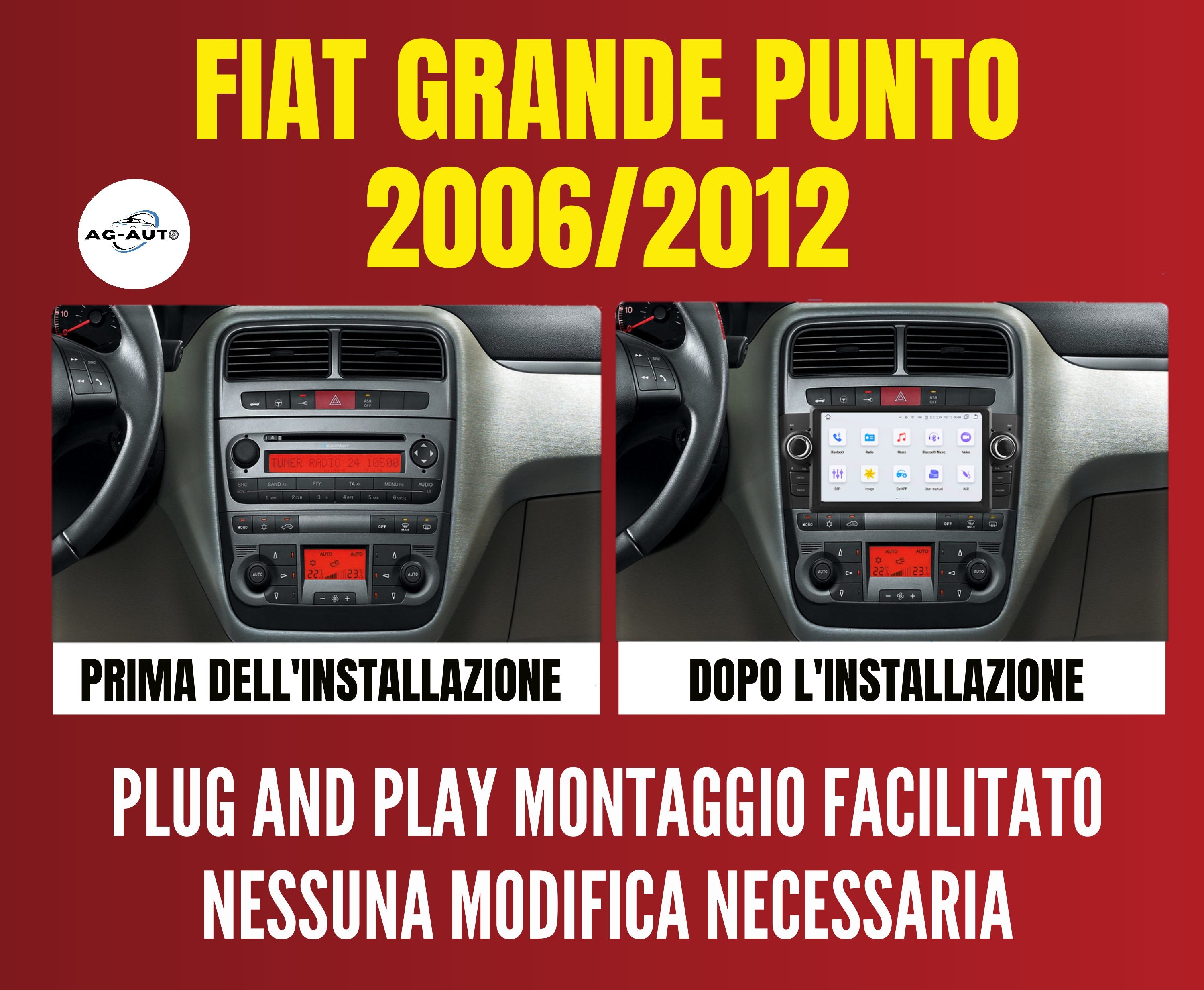 Fiat Grande punto  Autoradio 2 Din Android auto + Carplay / Stereo Touch 2/32gb | Navigatore GPS + Bluetooth + Wifi