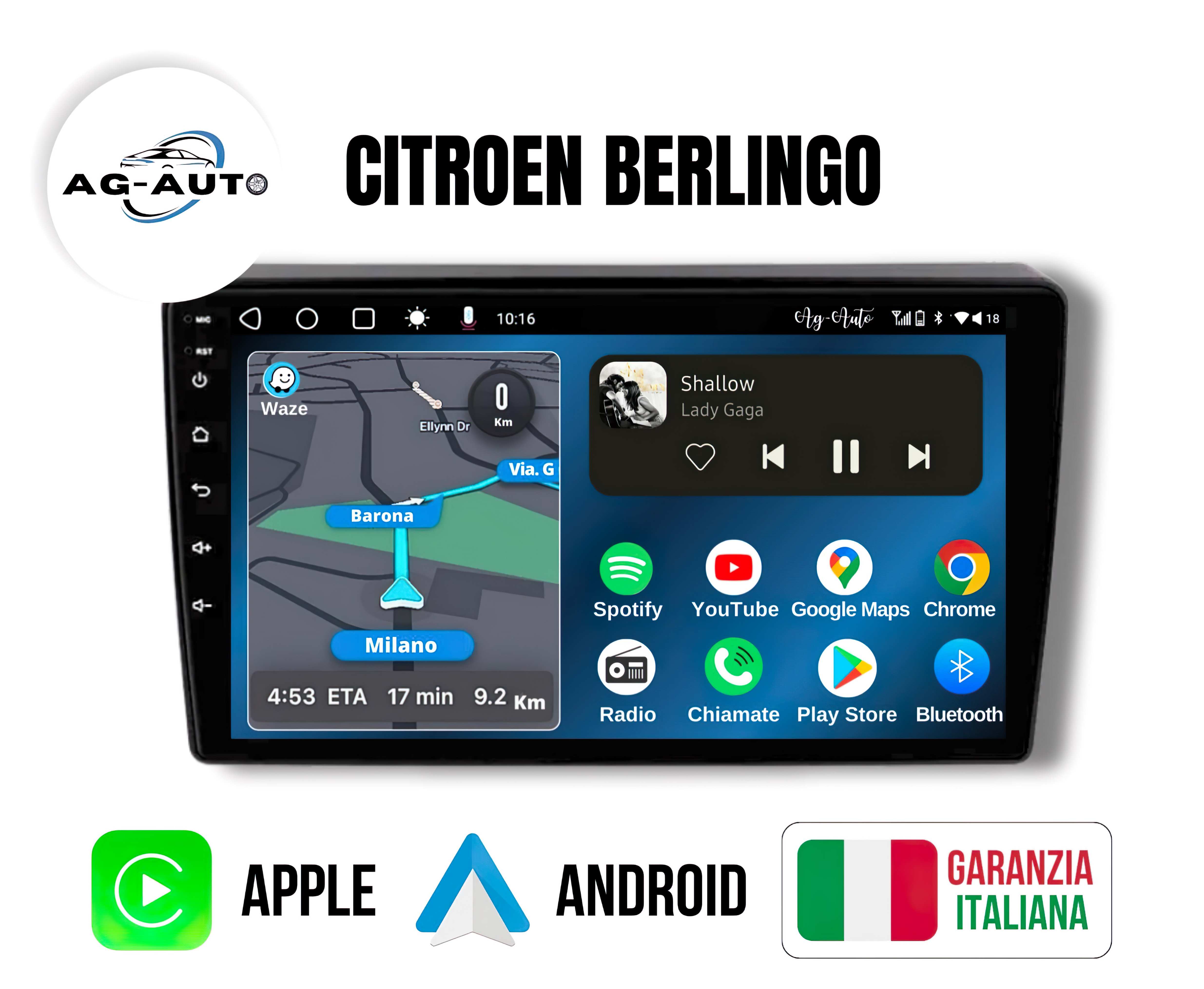 Citroen Berlingo 2 b9 | 9 Pollici - Mascherina inclusa - Autoradio 2 Din Android auto + Carplay / Stereo Touch 2/32gb | Navigatore GPS + Bluetooth + Wifi