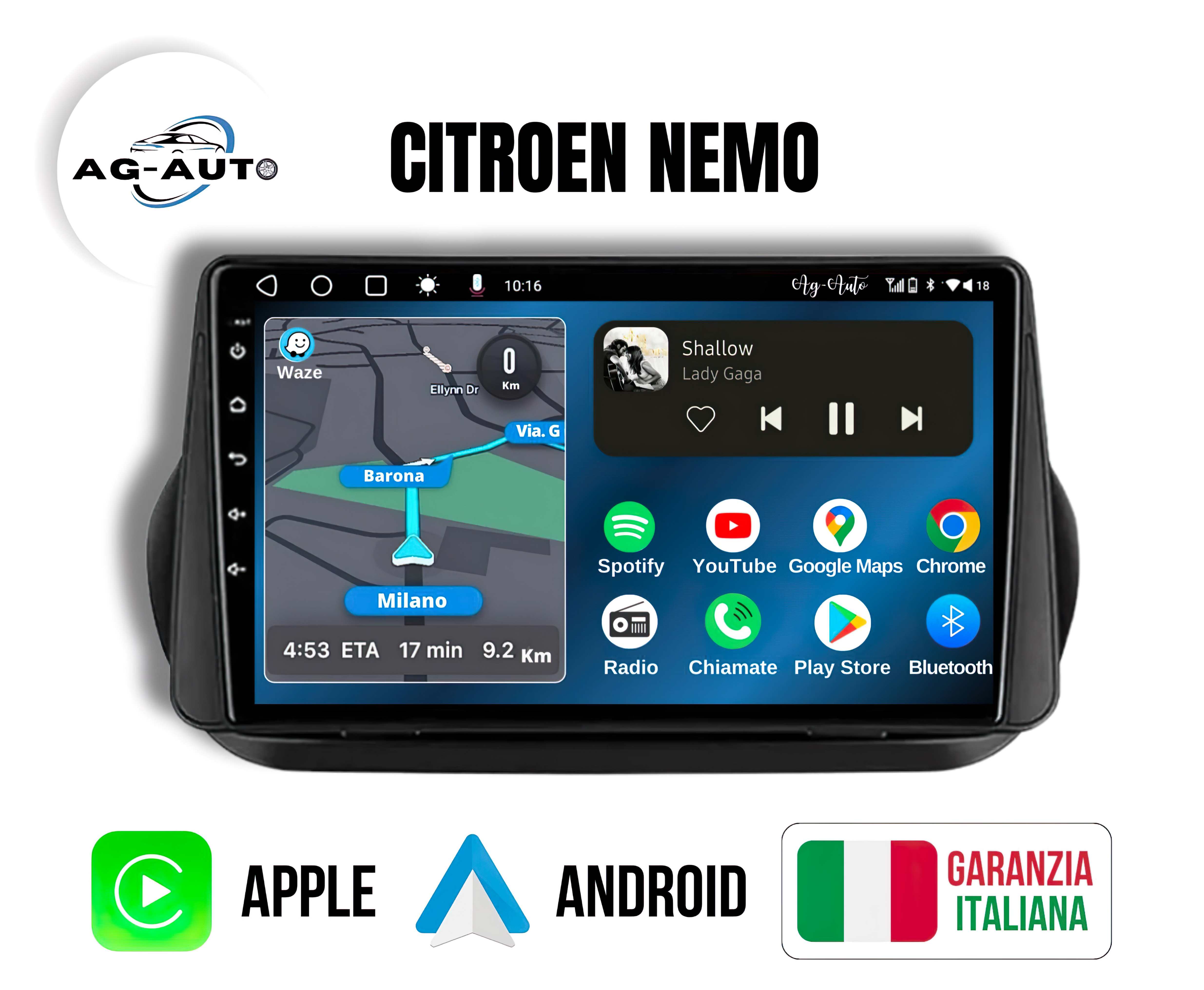 Citroen Nemo (2008/2017) | 9 pollici - Mascherina Inclusa Autoradio 2 Din Android auto + Carplay Stereo Navigatore Touch / Car Tablet Gps + Bluetooth + Wifi