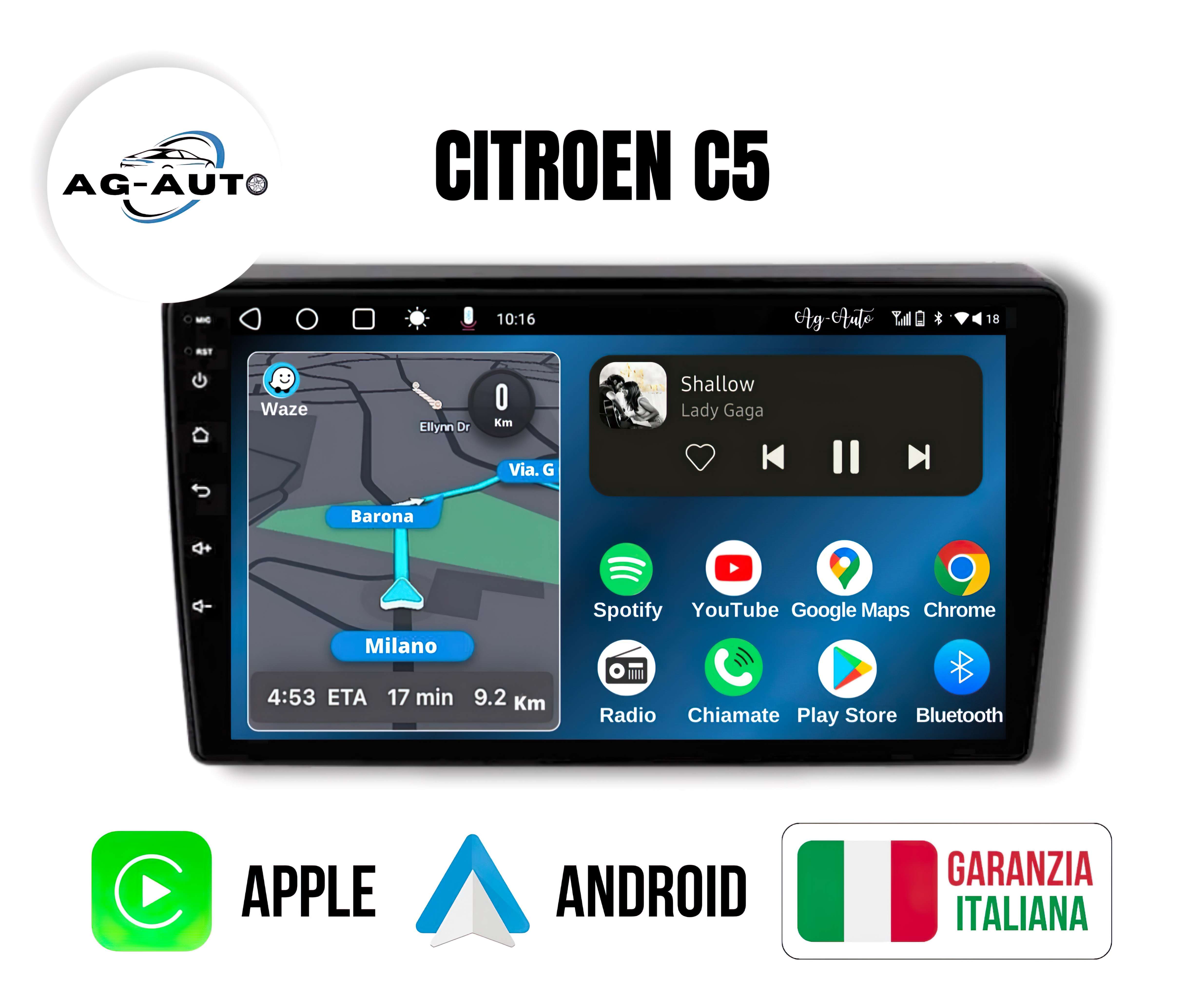 Citroen c5 2 serie | 10 pollici - Mascherina Inclusa Autoradio 2 Din Android auto + Carplay / Stereo Touch 2/64gb | Navigatore GPS + Bluetooth + Wifi