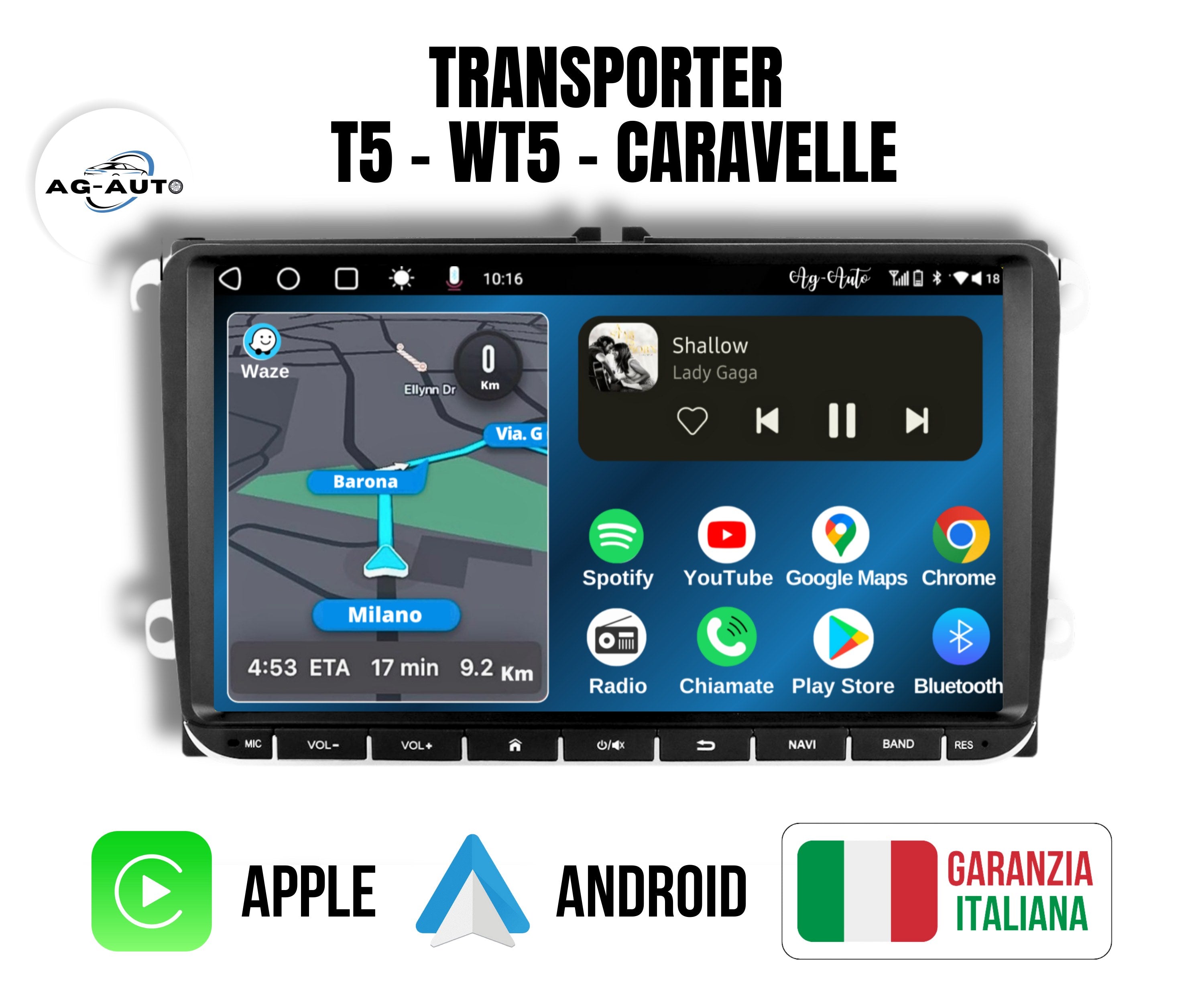 Volkswagen Transporter T5 - WT5 - Caravelle - 9" pollici Autoradio 2 Din Android auto + Carplay / vw Stereo Touch 2/32gb 4/64gb | Navigatore GPS + Bluetooth + Wifi