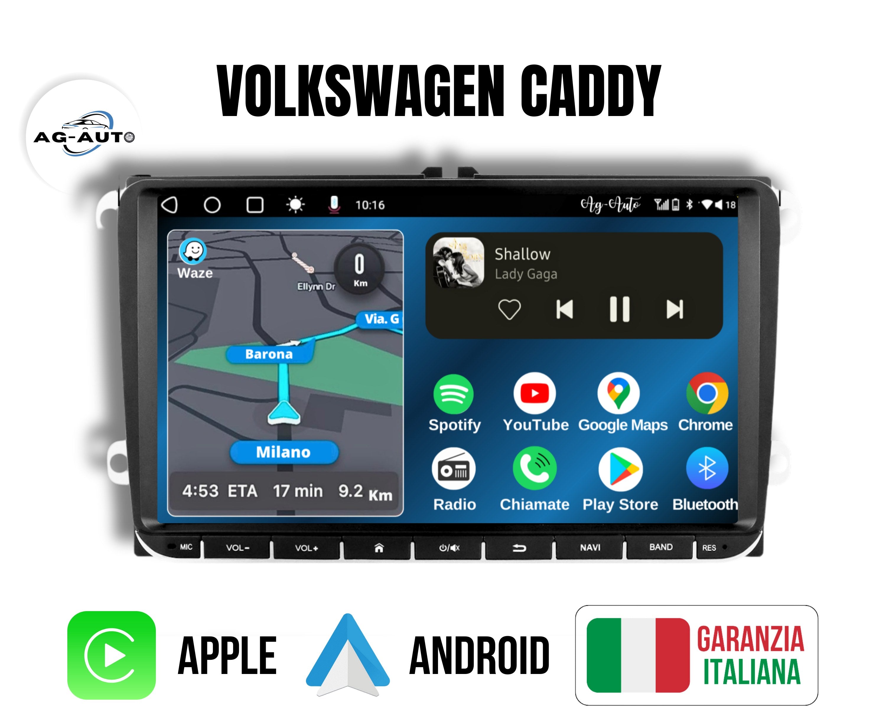 Volkswagen Caddy -  9" pollici Autoradio 2 Din Android auto + Carplay / vw Stereo Touch | Navigatore GPS + Bluetooth + Wifi