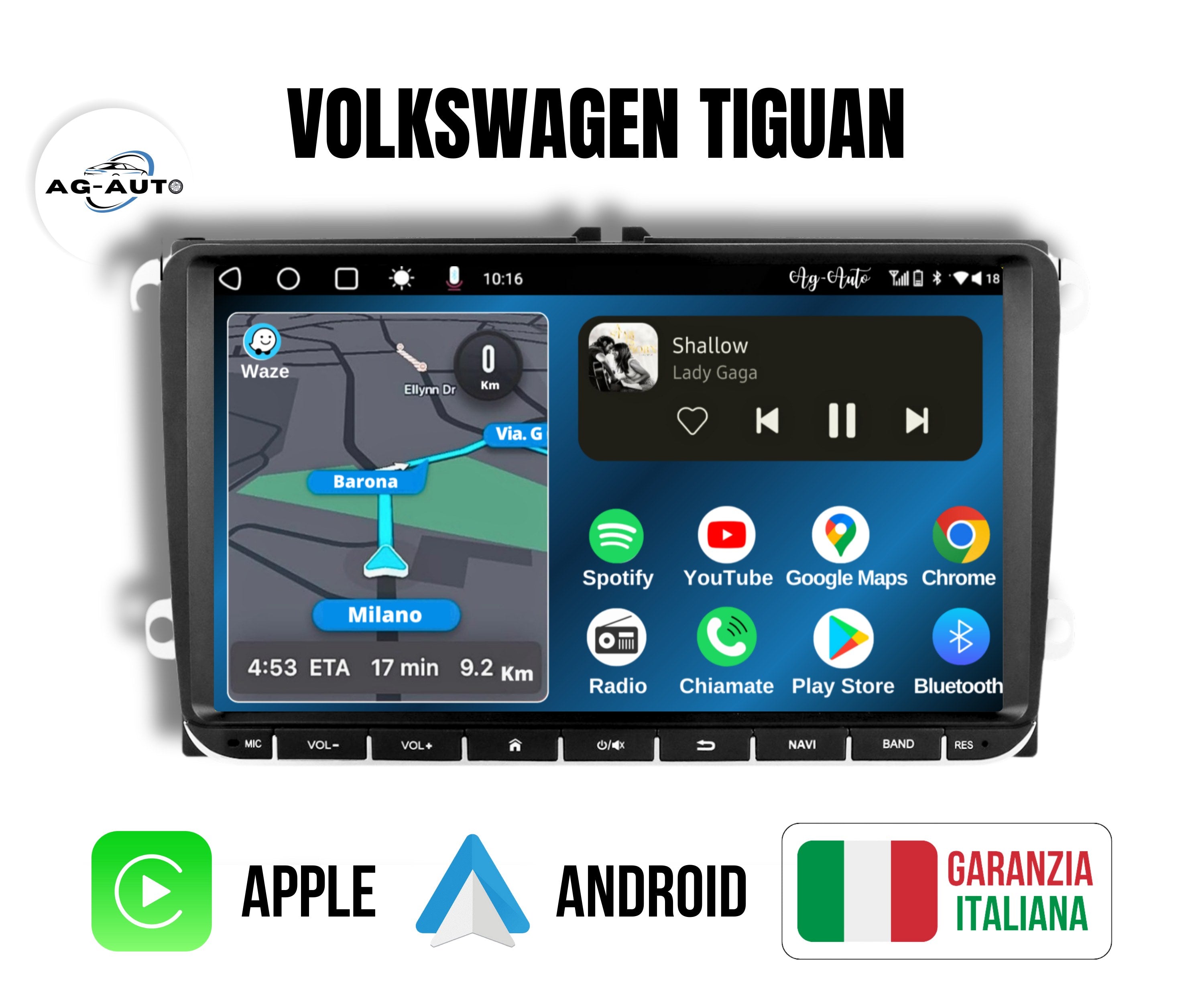 Volkswagen Tiguan - 9" pollici Autoradio 2 Din Android auto + Carplay / vw Stereo Touch 2/32gb 4/64gb | Navigatore GPS + Bluetooth + Wifi