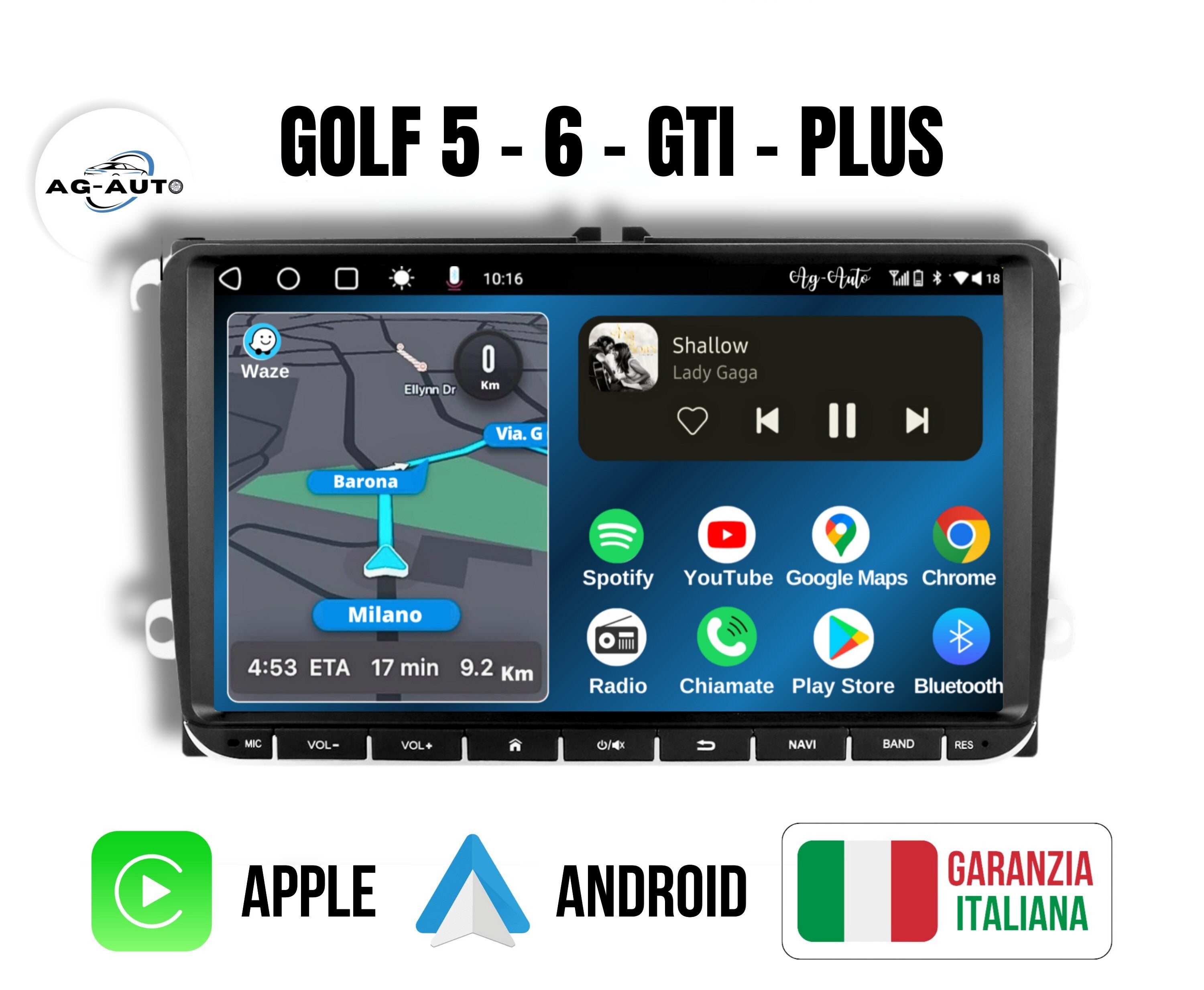 Volkswagen golf 5 & 6 - Gti - Plus - 9" pollici Autoradio 2 Din Android auto + Carplay / vw Stereo Touch | Navigatore GPS + Bluetooth + Wifi