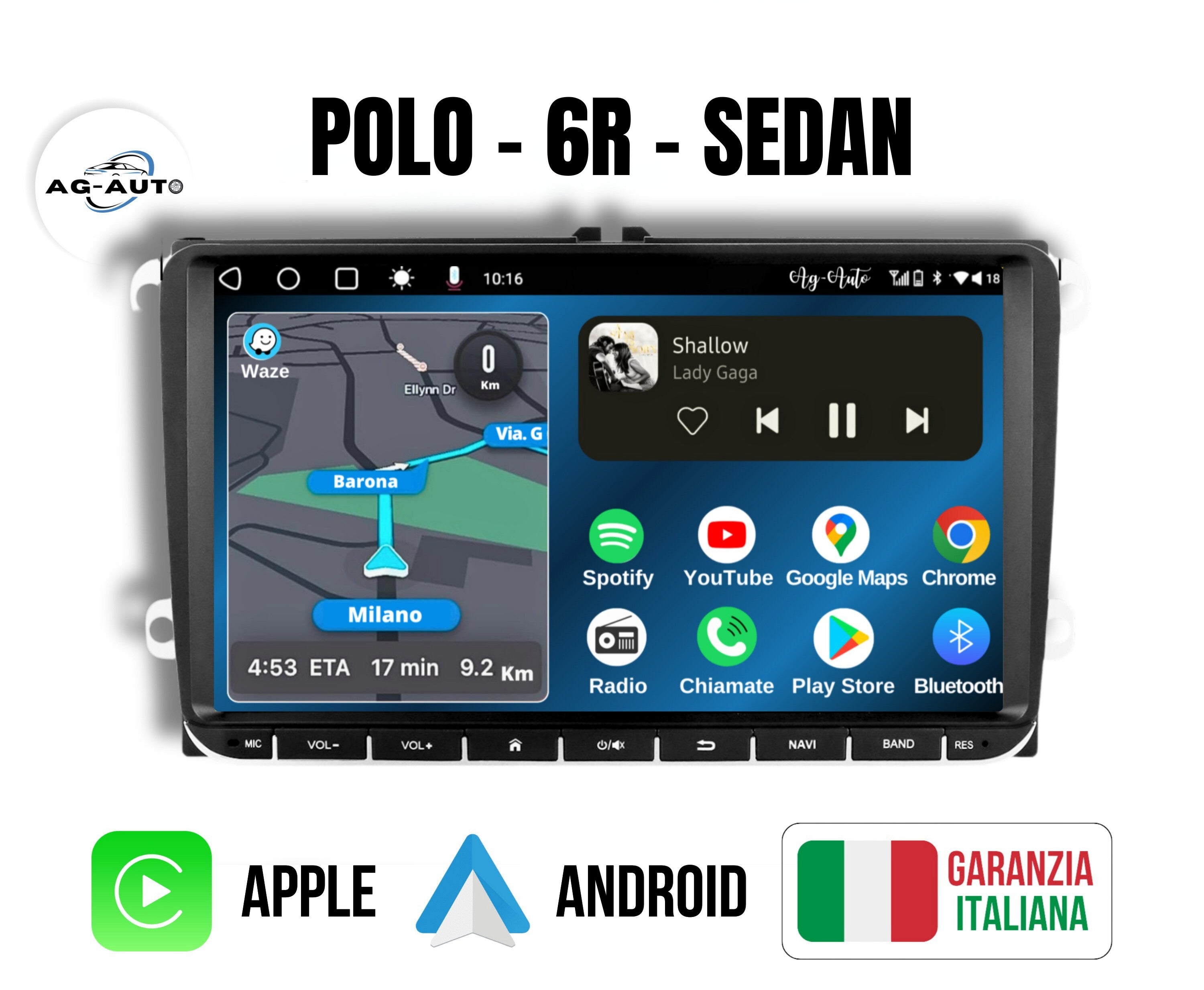 Volkswagen Polo - 6r - Sedan - 9" pollici Autoradio 2 Din Android auto + Carplay / vw Stereo Touch | Navigatore GPS + Bluetooth + Wifi