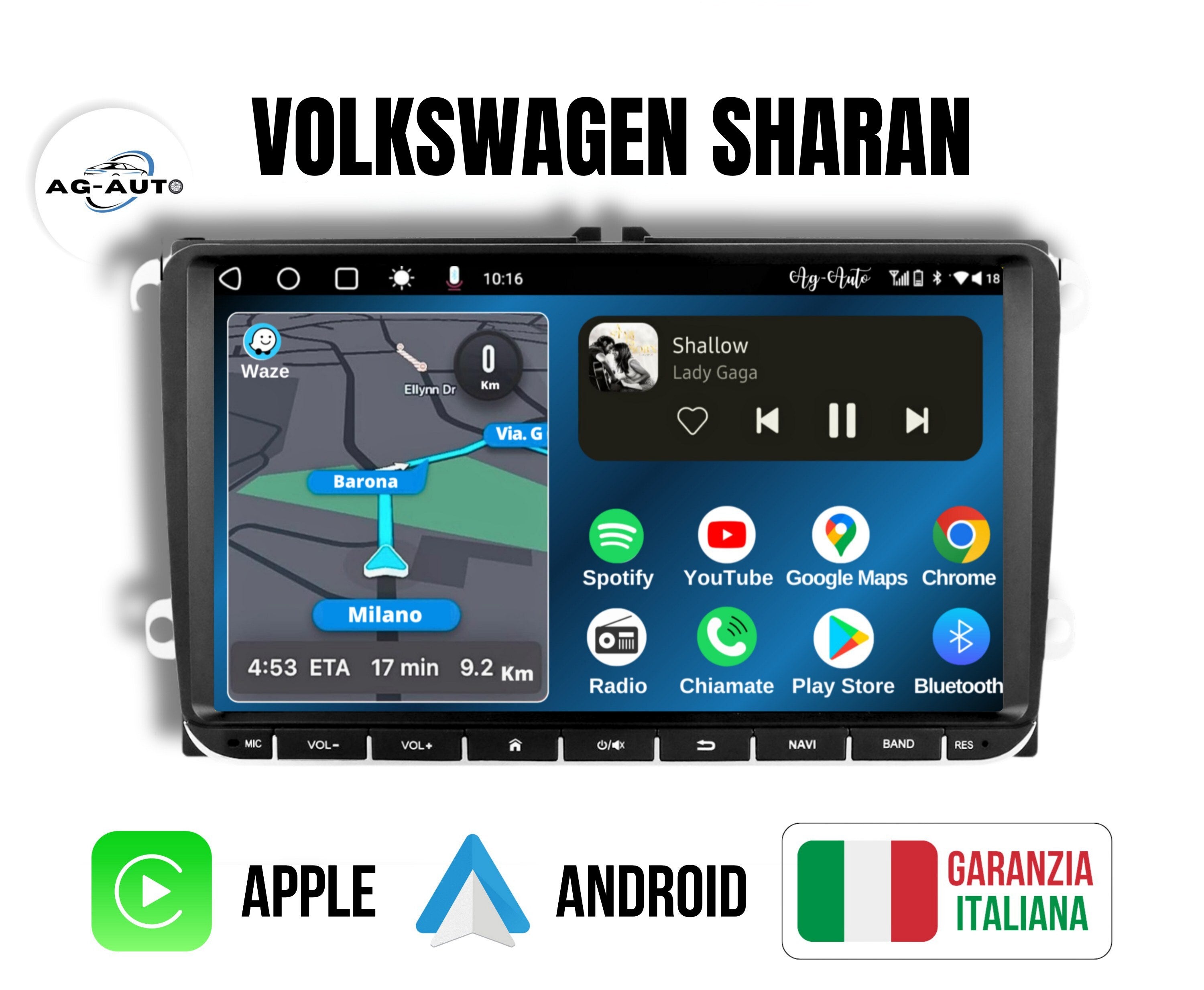 Volkswagen Sharan - 9 pollici Autoradio 2 Din Android auto + Carplay / vw Stereo Touch | Navigatore GPS + Bluetooth + Wifi