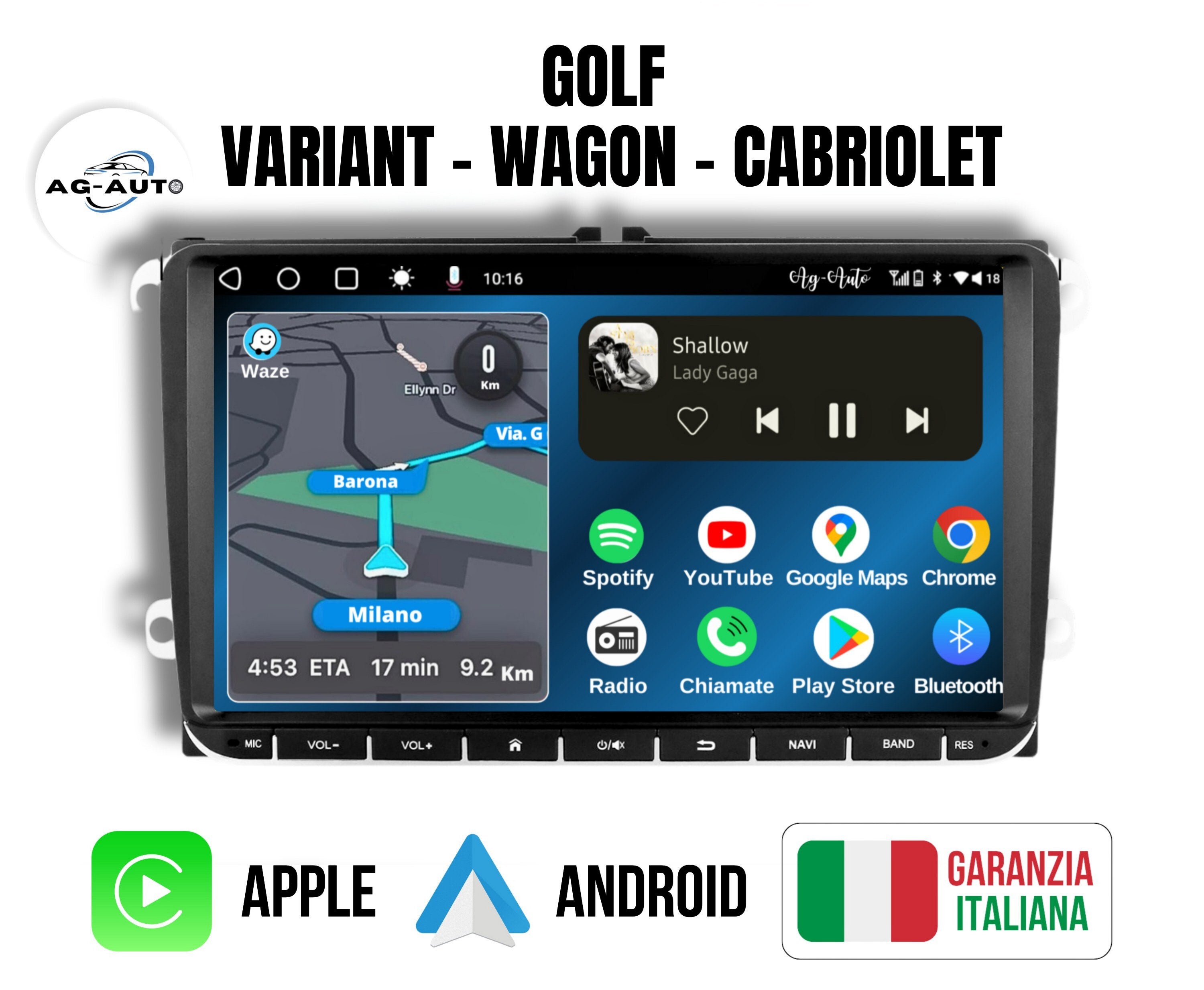 Volkswagen Golf Variant wagon cabriolet 9" pollici Autoradio 2 Din Android auto + Carplay / Vw Stereo Touch  | Navigatore GPS + Bluetooth + Wifi