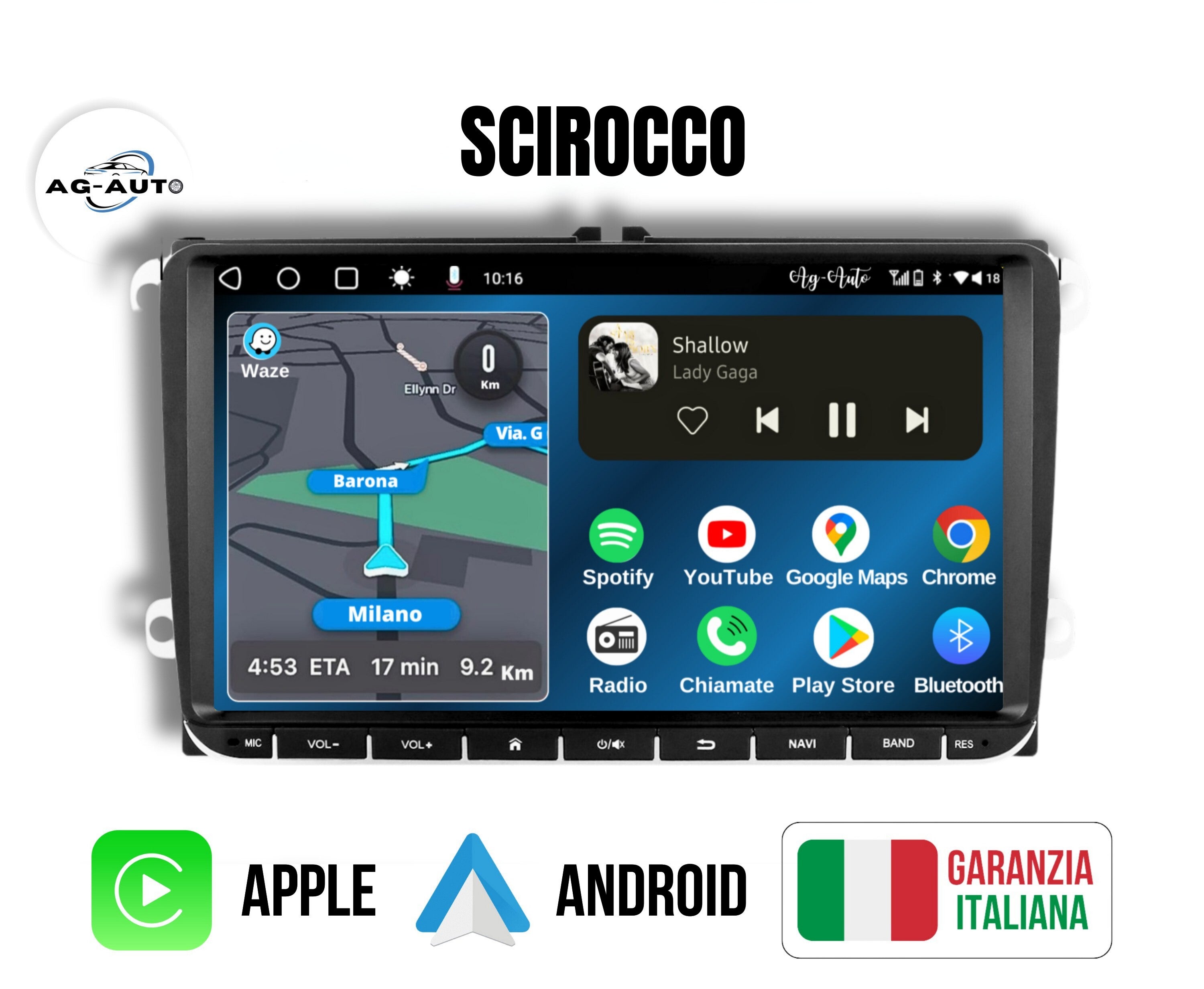 Volkswagen Scirocco - 9 pollici Autoradio 2 Din Android auto + Carplay / vw Stereo Touch | Navigatore GPS + Bluetooth + Wifi