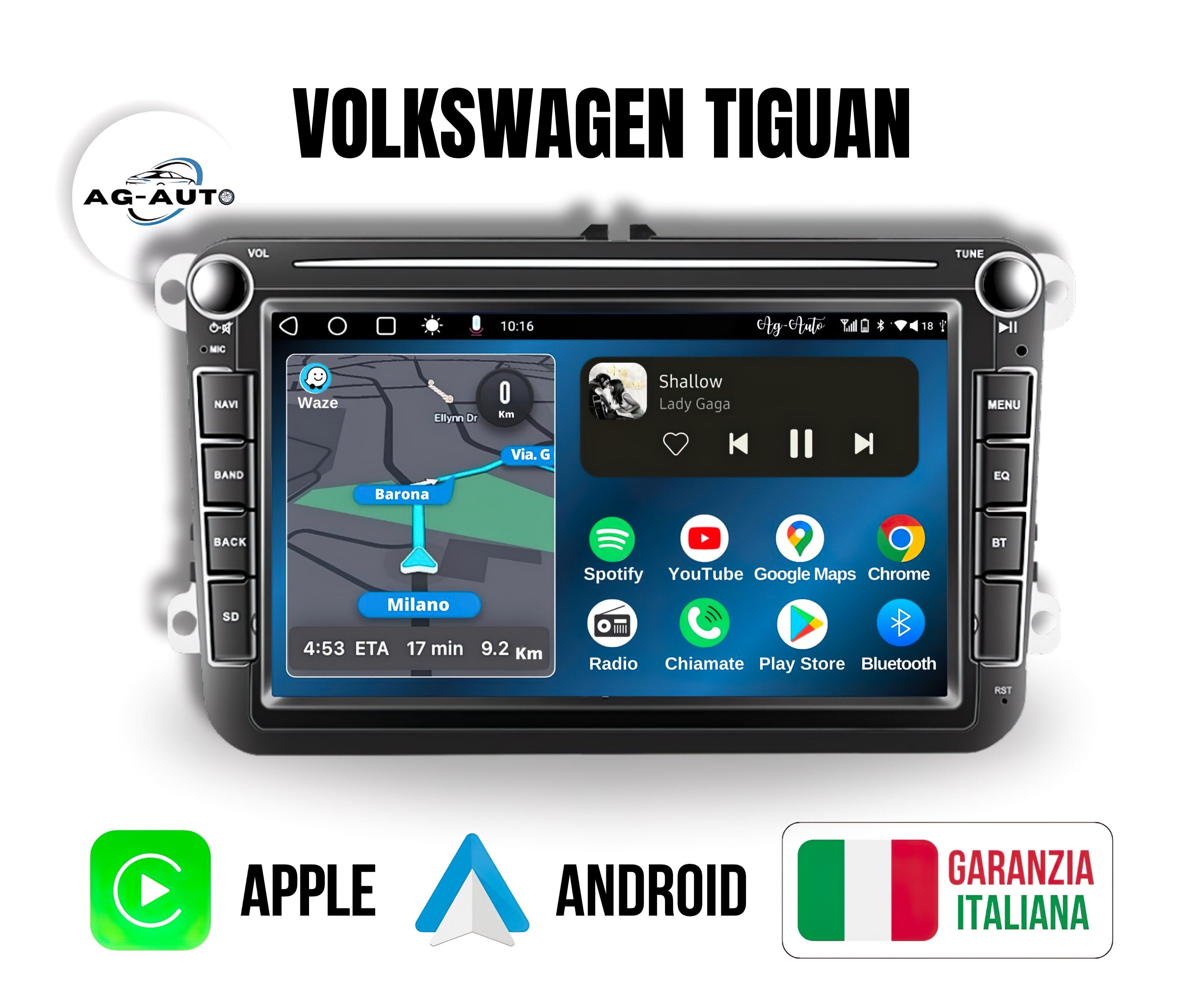 Volkswagen Tiguan - 8" pollici Autoradio 2 Din Android auto + Carplay / vw Stereo Touch | Navigatore GPS + Bluetooth + Wifi