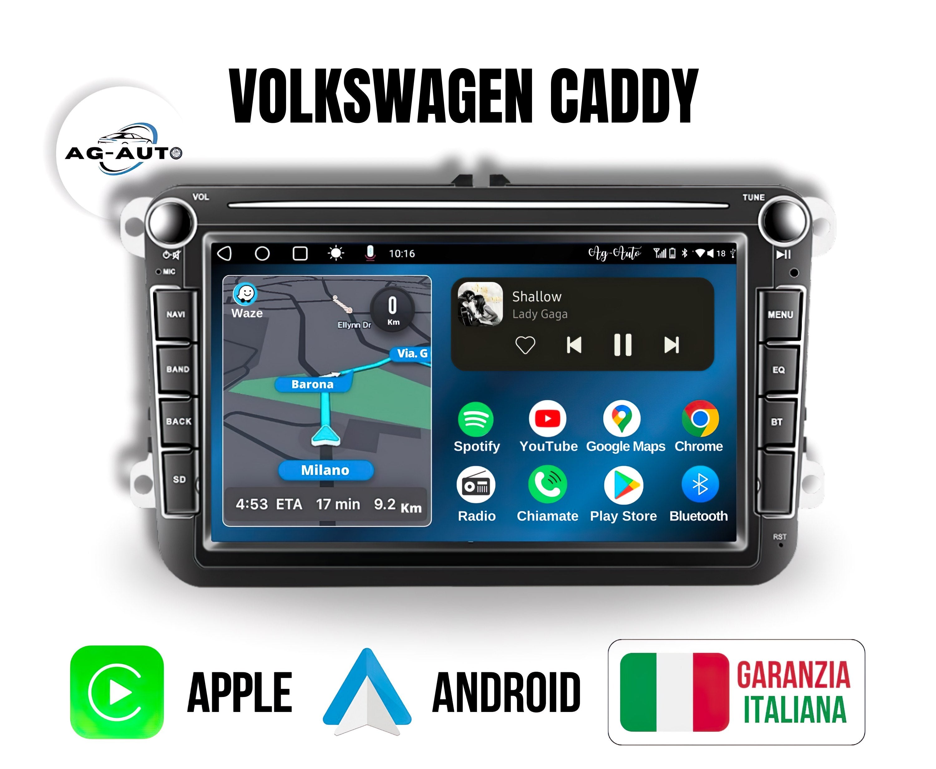 Volkswagen Caddy - 8" pollici Autoradio 2 Din Android auto + Carplay / vw Stereo Touch | Navigatore GPS + Bluetooth + Wifi